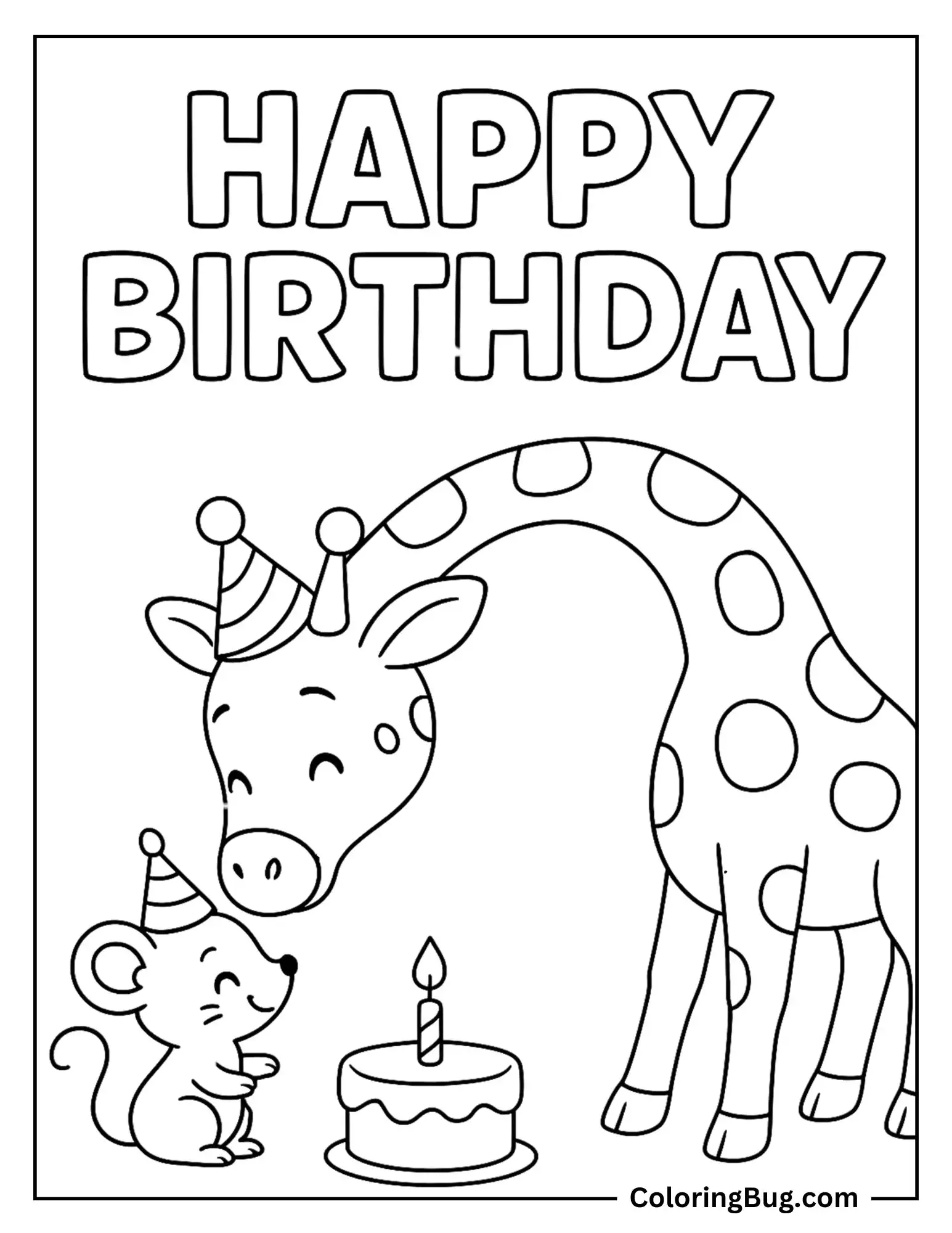 Giraffe Bending Down to Celebrate With a Tiny Mouse Coloring Sheet