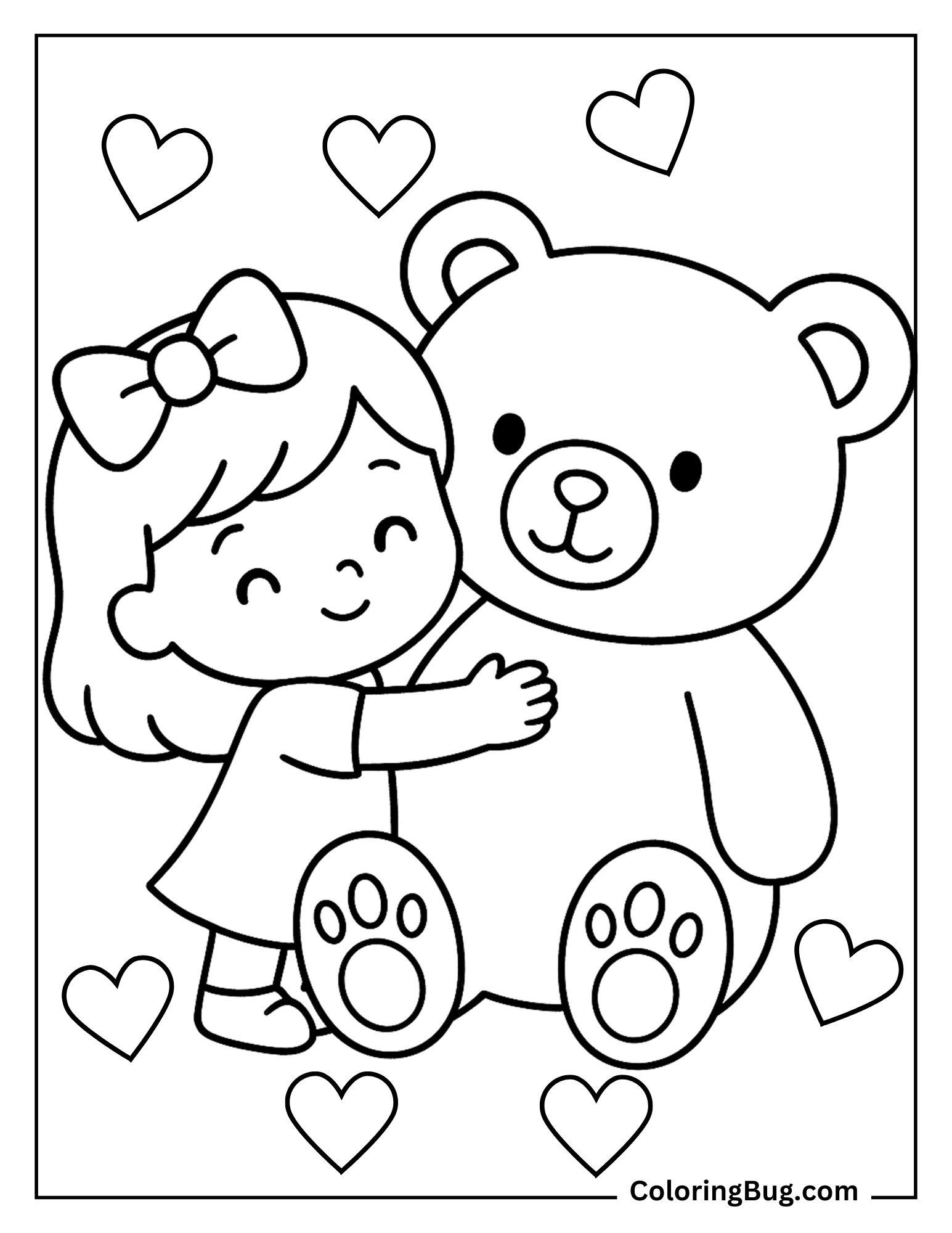Girl Hugging Big Teddy Bear Coloring Sheet