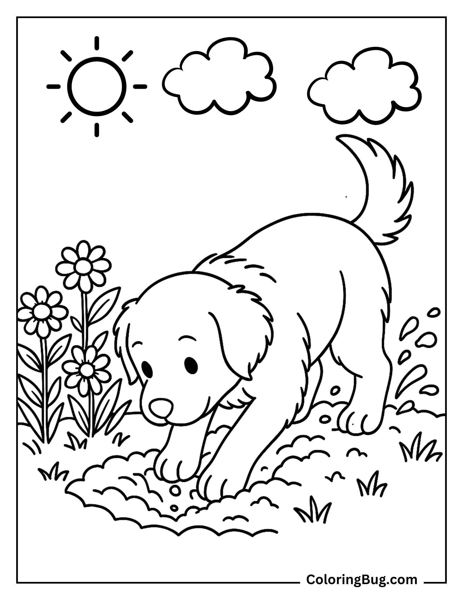 Golden Retriever Puppy Digging in the Flower Bed Coloring Sheet