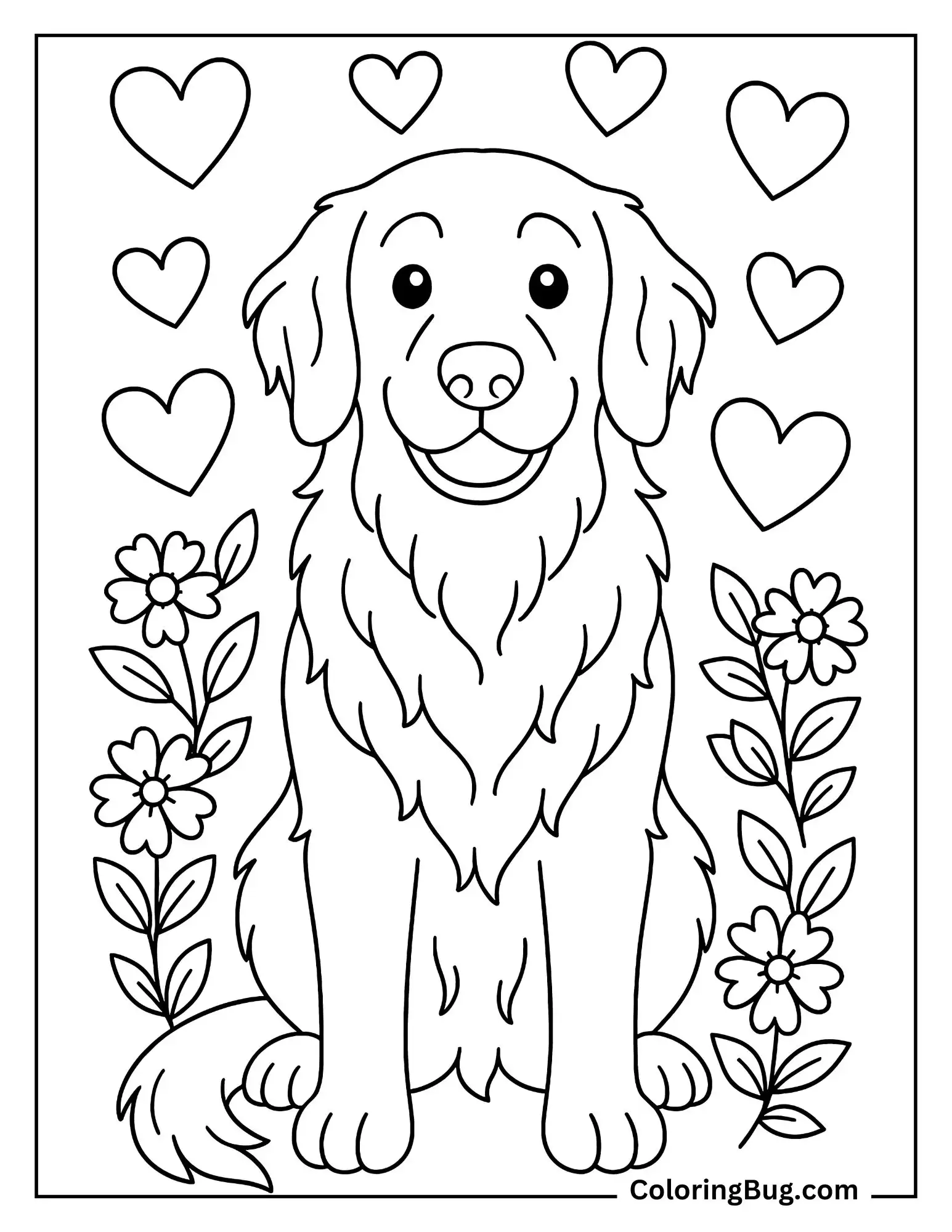 Golden Retriever With Flowers And Hearts Coloring Sheet