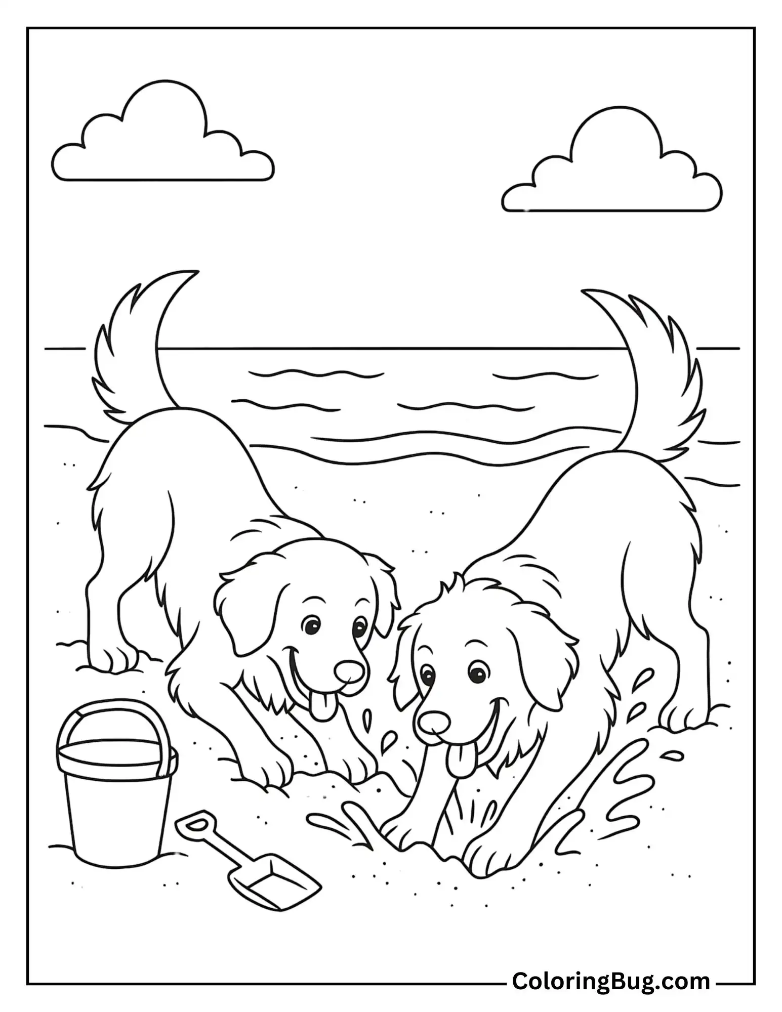 Golden Retrievers Digging in the Sand at the Beach Coloring Sheet