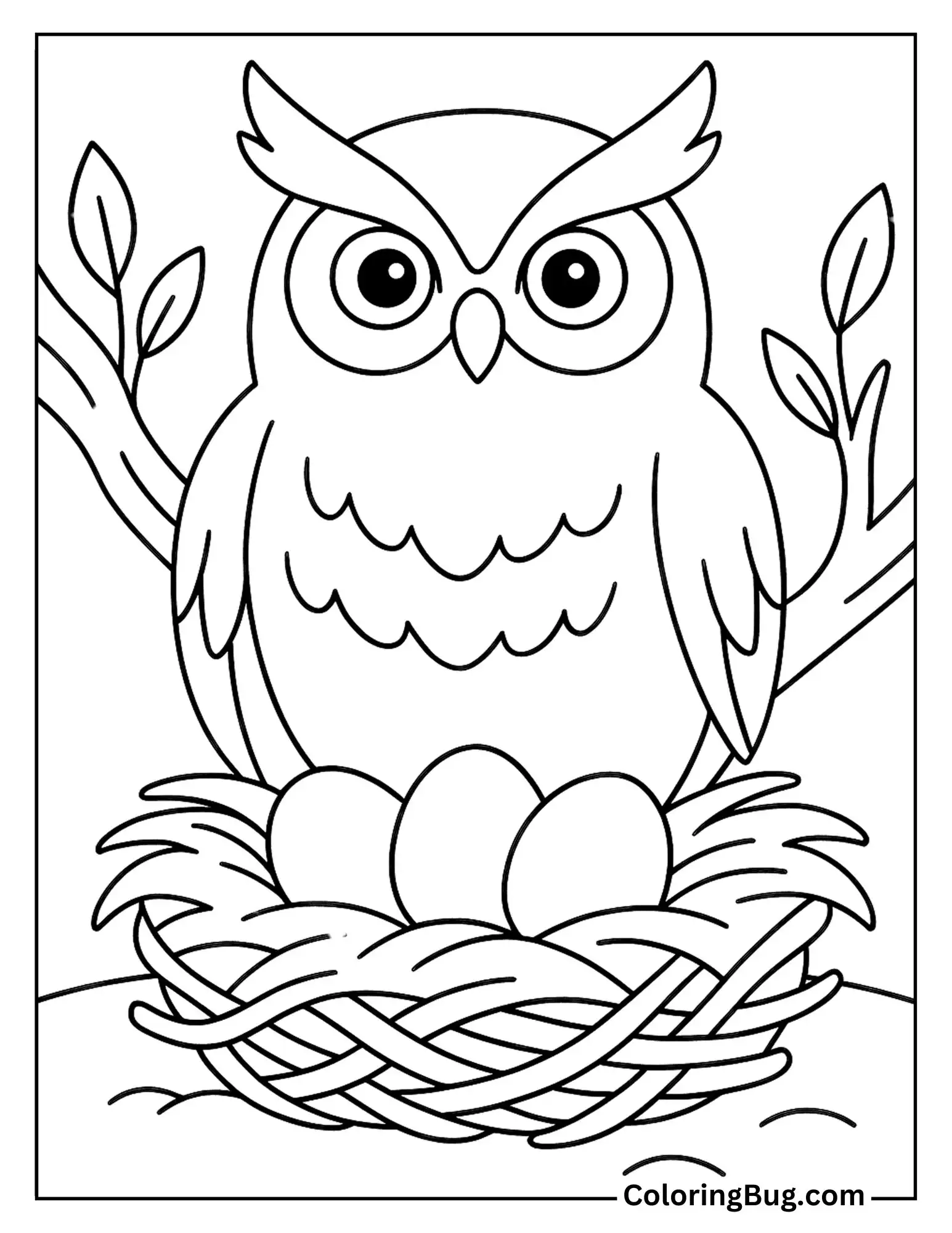 Great Horned Owl Guarding Its Nest With Eggs Coloring Sheet