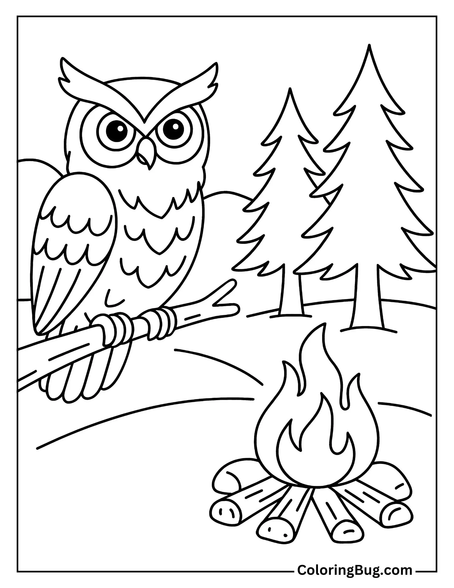Great Horned Owl Perched Near Campfire Coloring Sheet