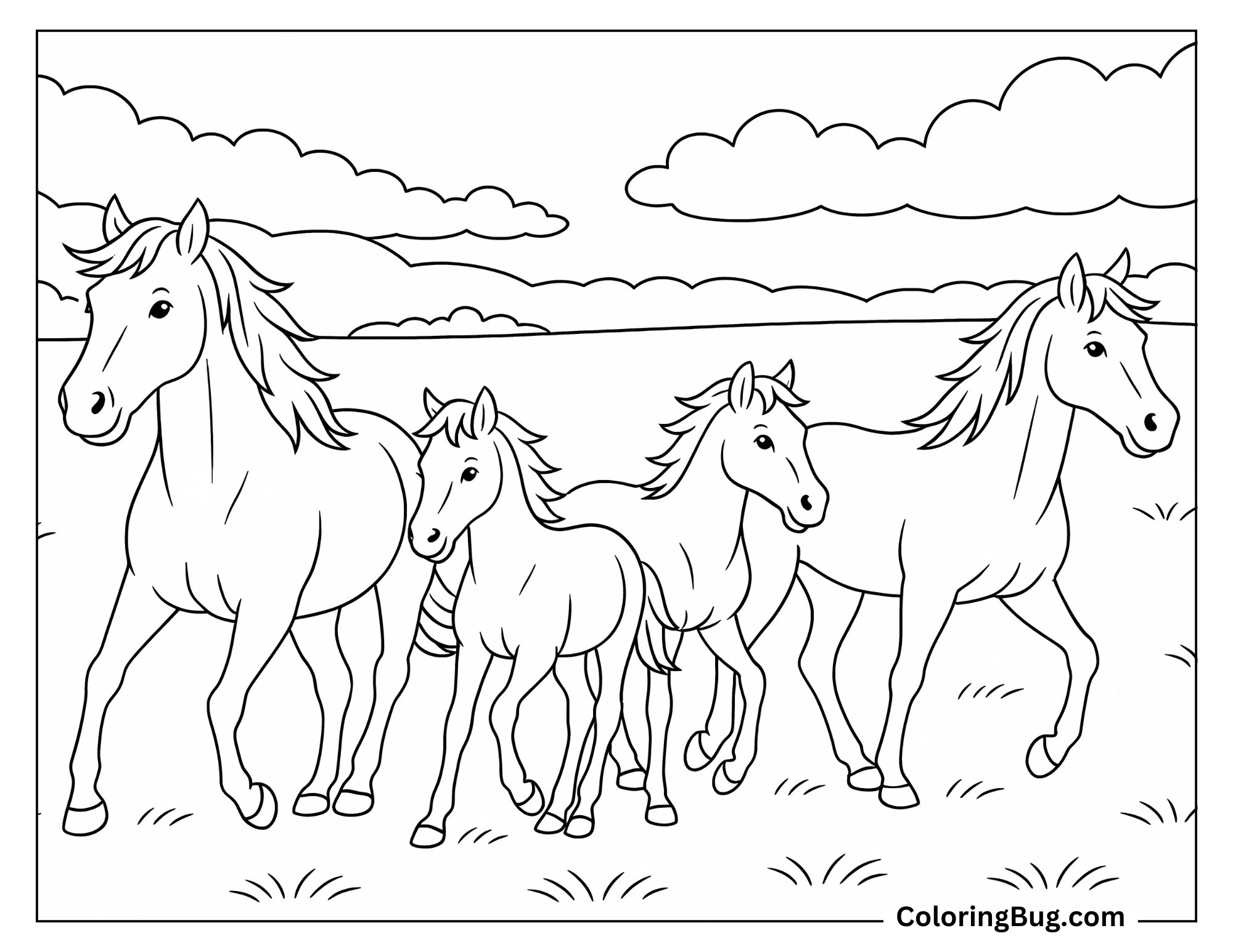 Group of Horse Trotting in Pasture Coloring sheet