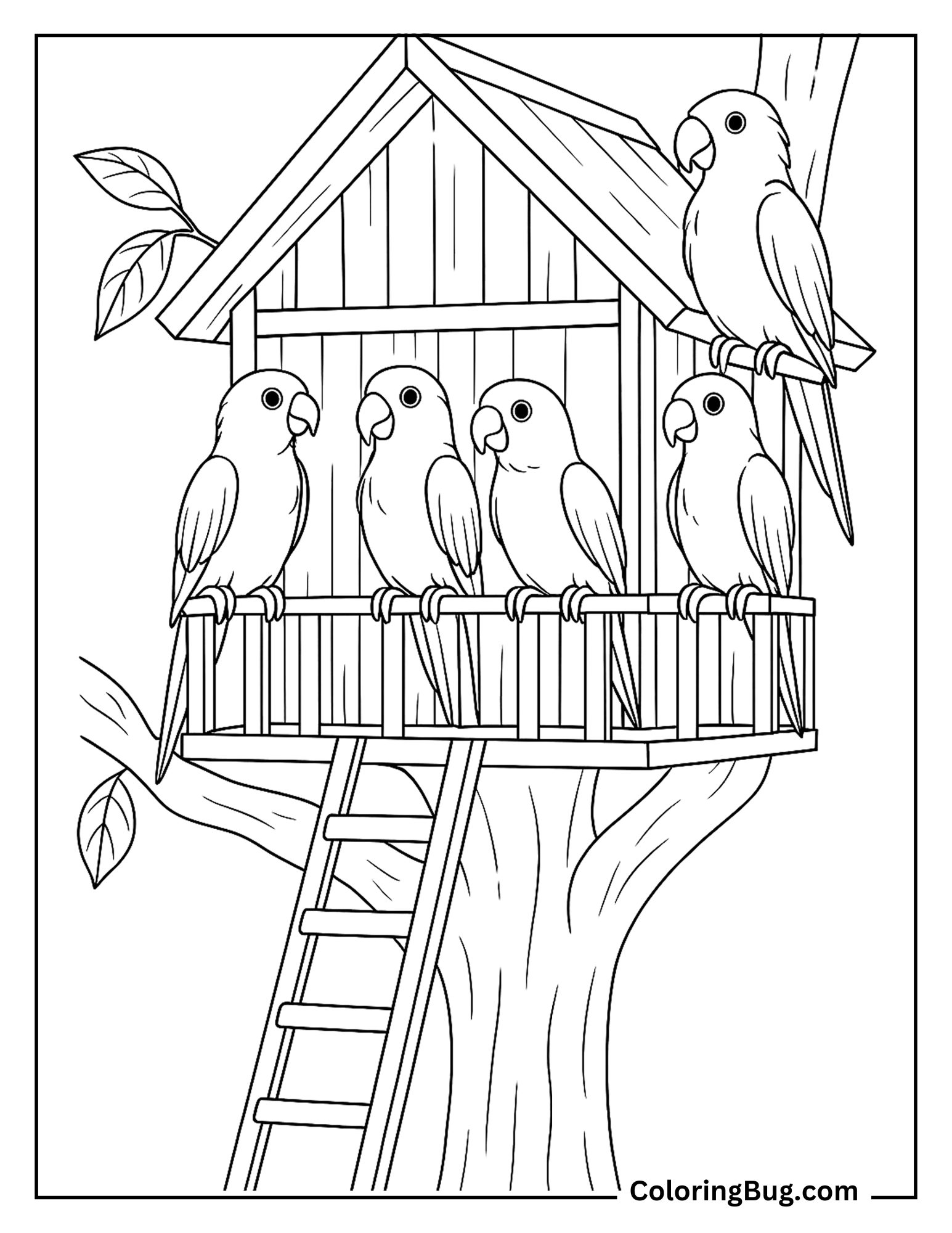 Group of Parrots Sitting on Tree House Coloring Sheet
