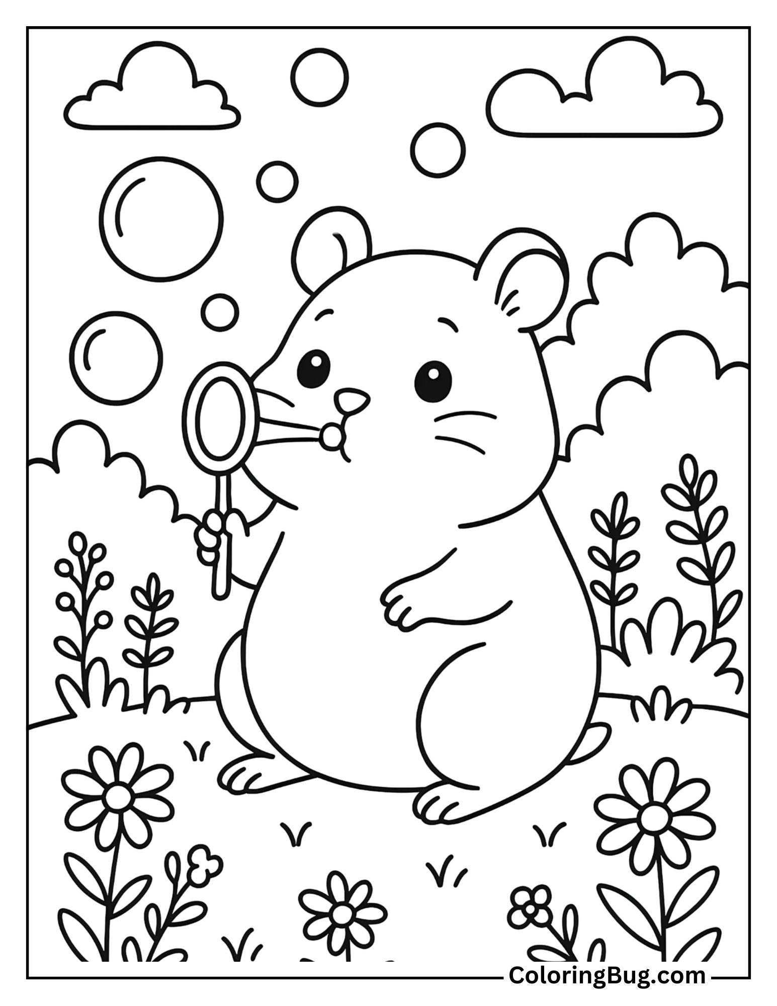 Hamster Blowing Bubbles Coloring Sheet