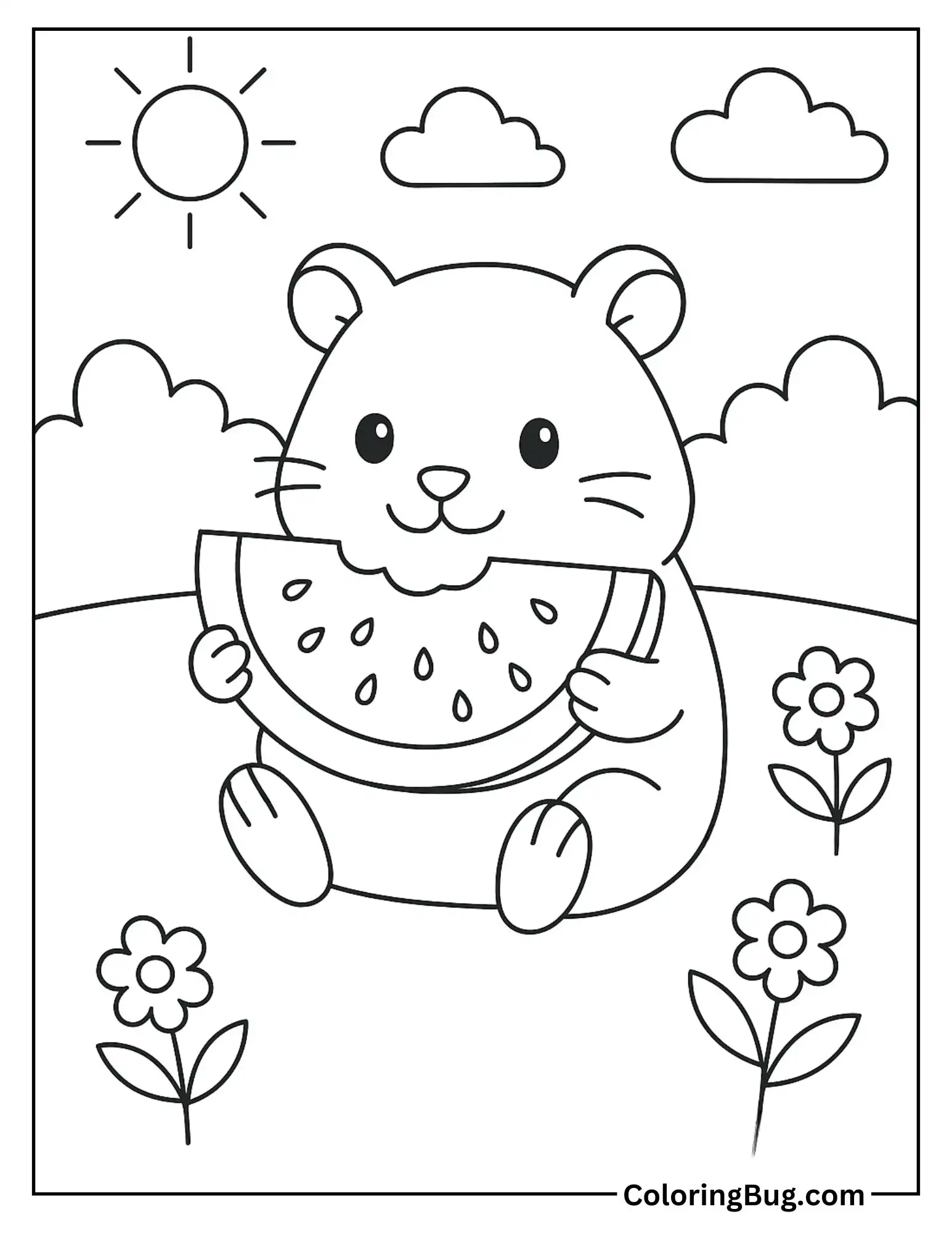 Hamster Eating a Slice of Watermelon Coloring Sheet