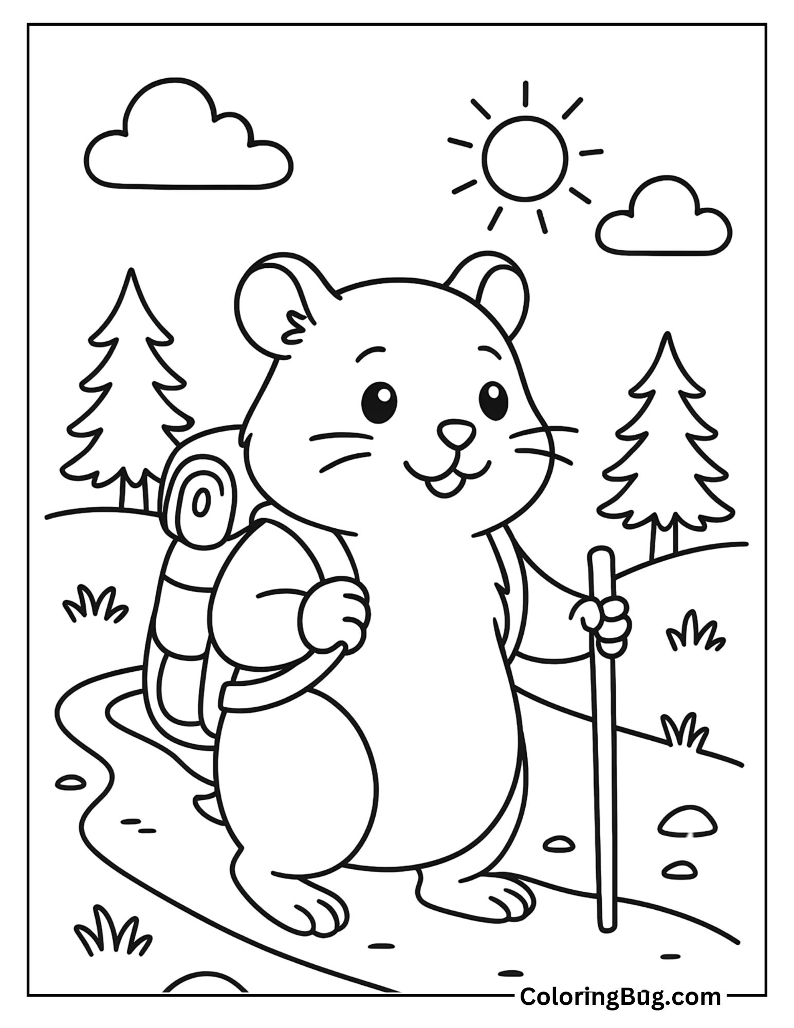 Hamster Hiking with a Backpack Coloring Sheet