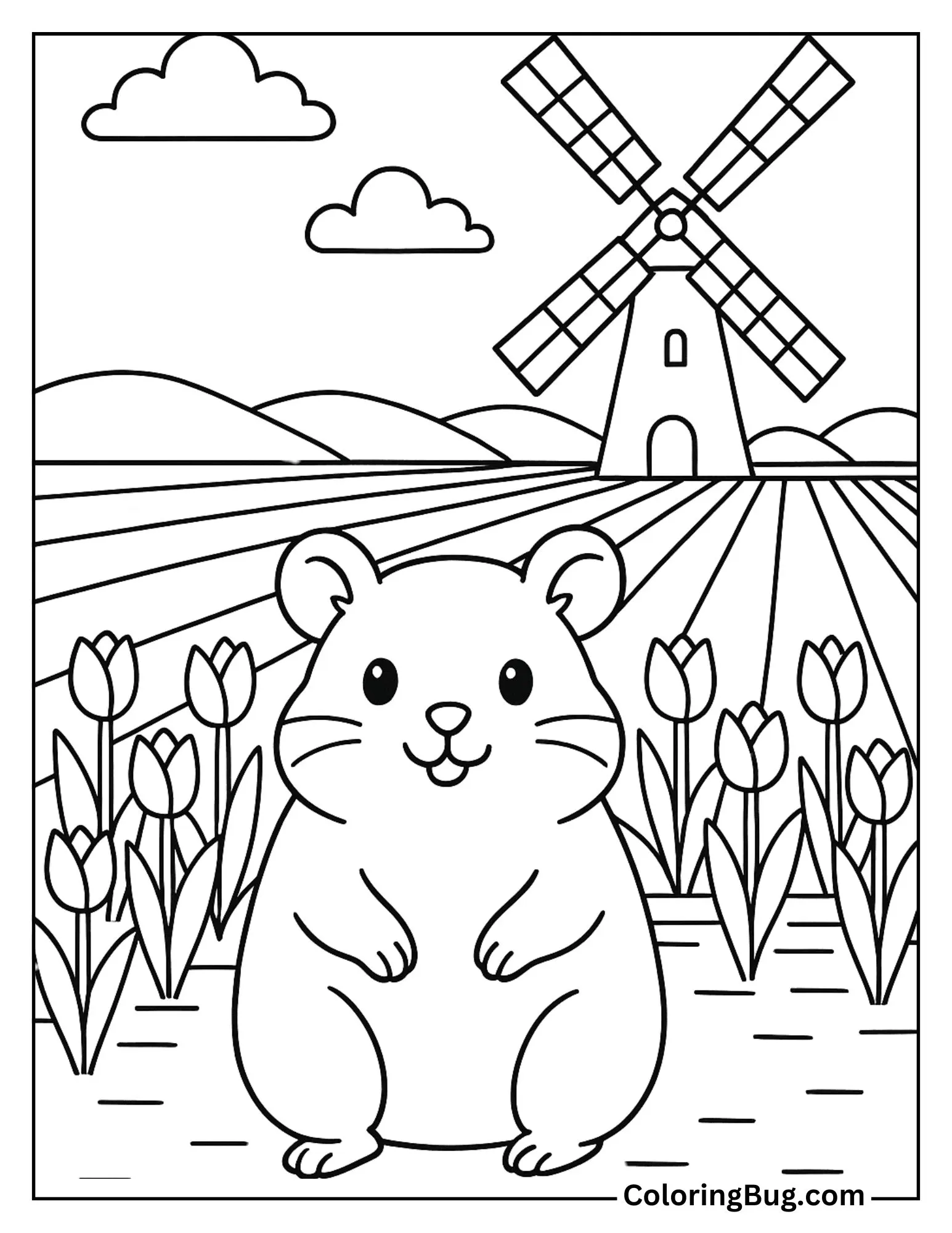 Hamster Near a Windmill and Tulip Field Coloring Sheet