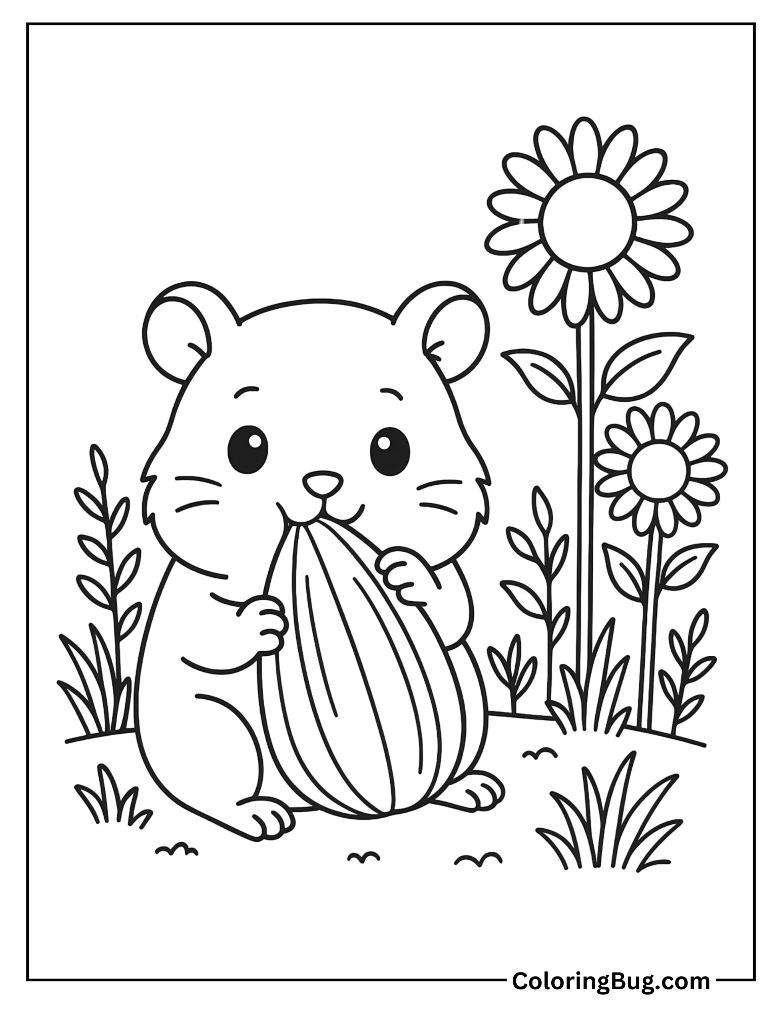 Hamster Nibbling on a Giant Sunflower Seed Coloring Sheet