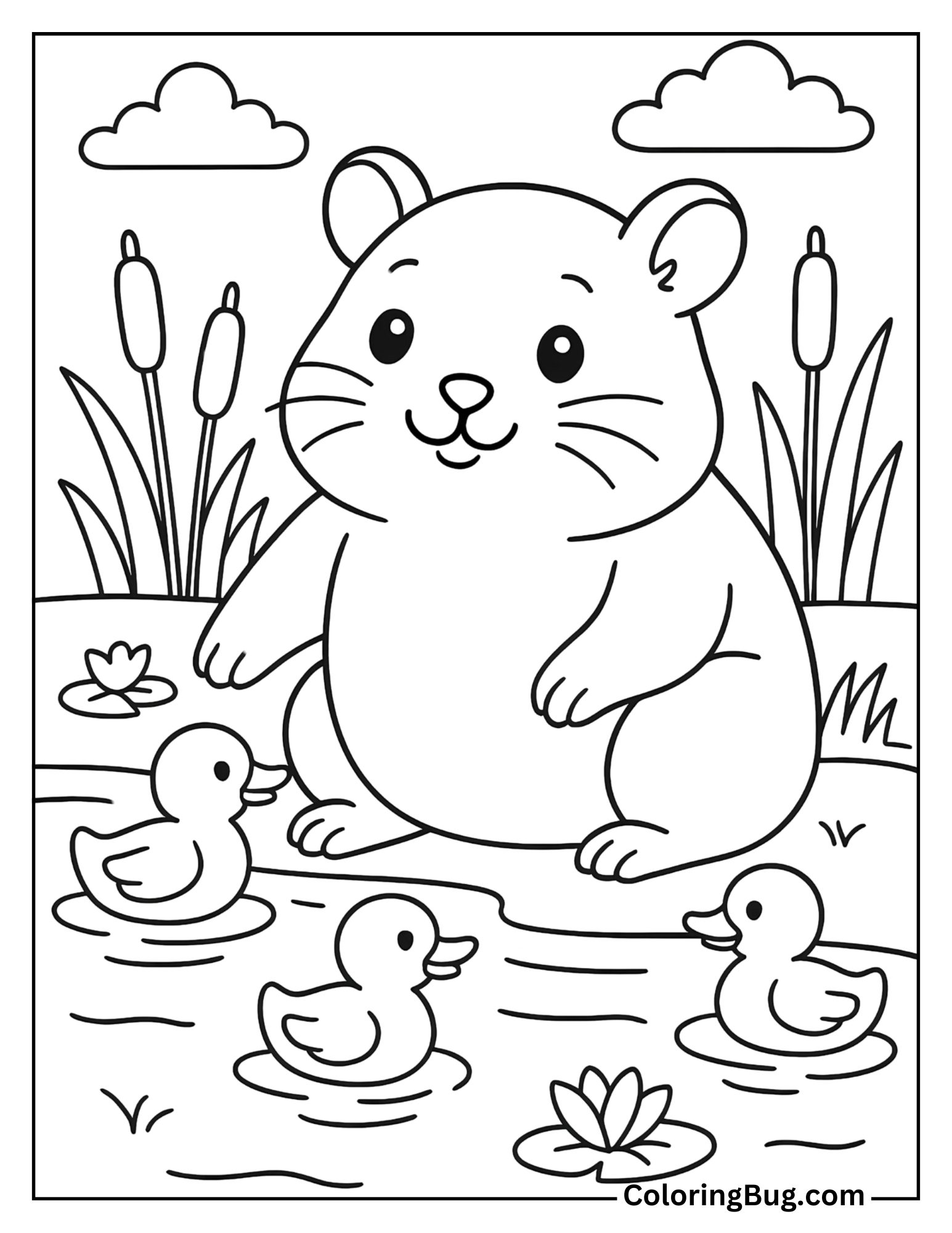 Hamster Playing with Ducklings in a Pond Coloring Sheet