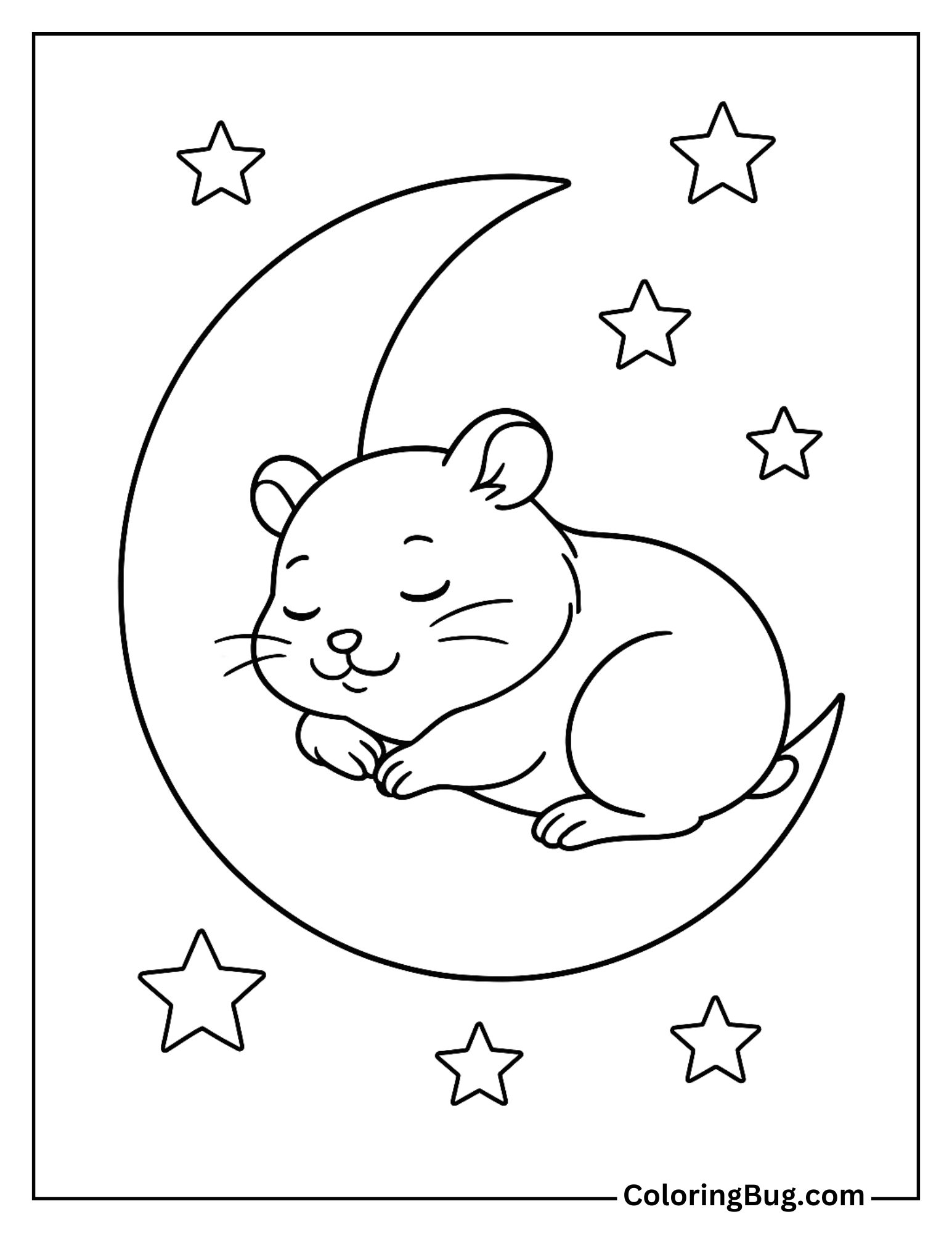 Hamster Sleeping on a Crescent Moon Coloring Sheet