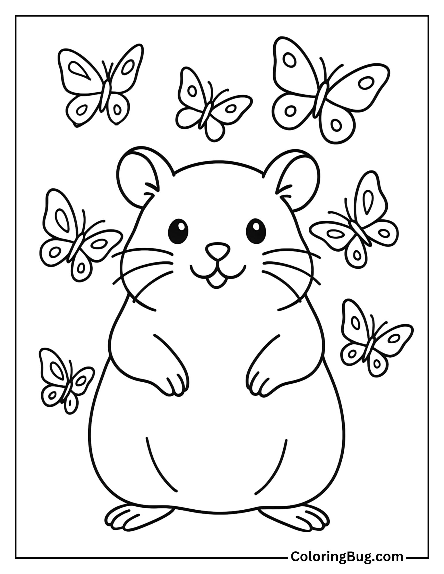 Hamster Surrounded by Butterflies Coloring Sheet