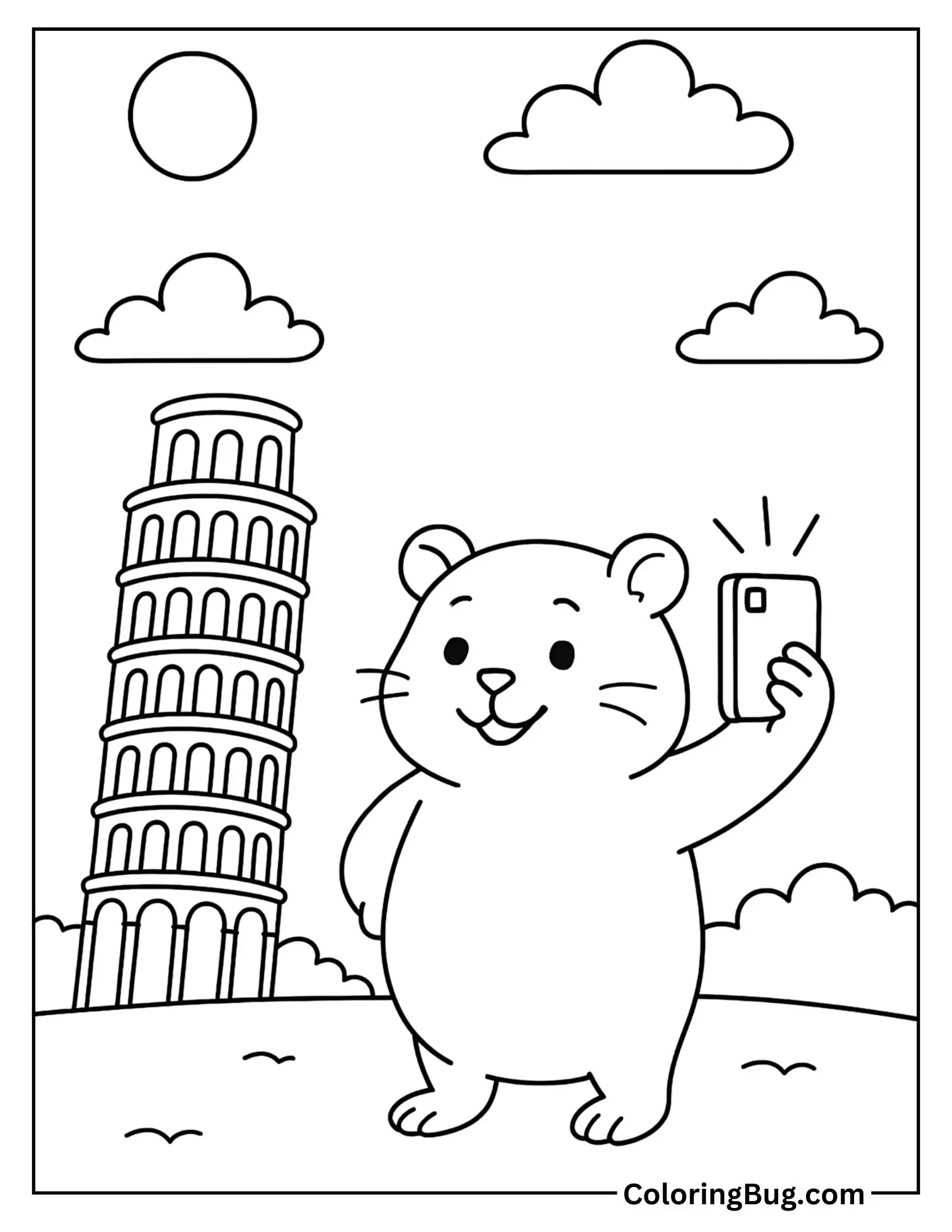 Hamster Taking a Selfie at a Landmark Coloring Sheet