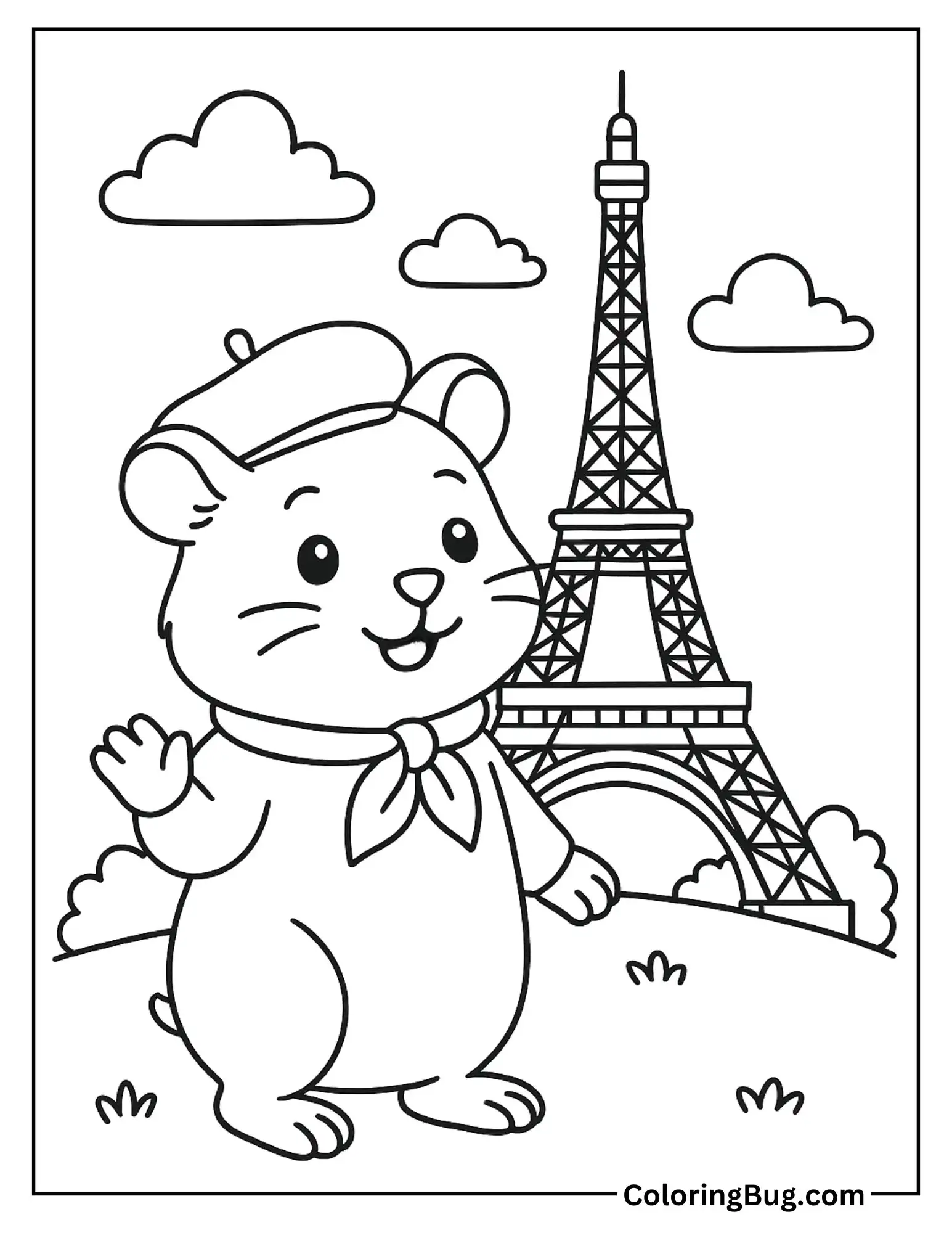 Hamster Visiting the Eiffel Tower Coloring Sheet