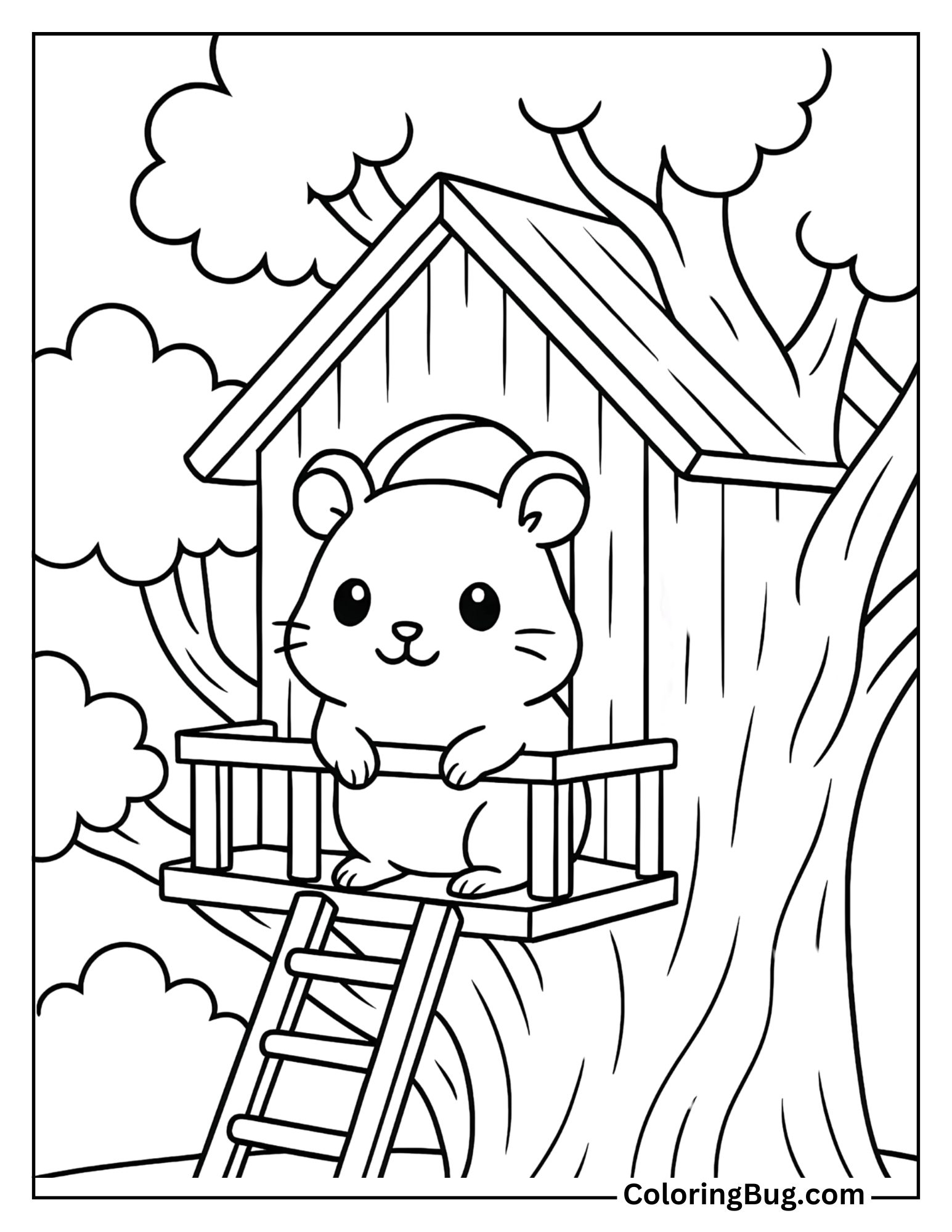 Hamster in a Treehouse Coloring Sheet