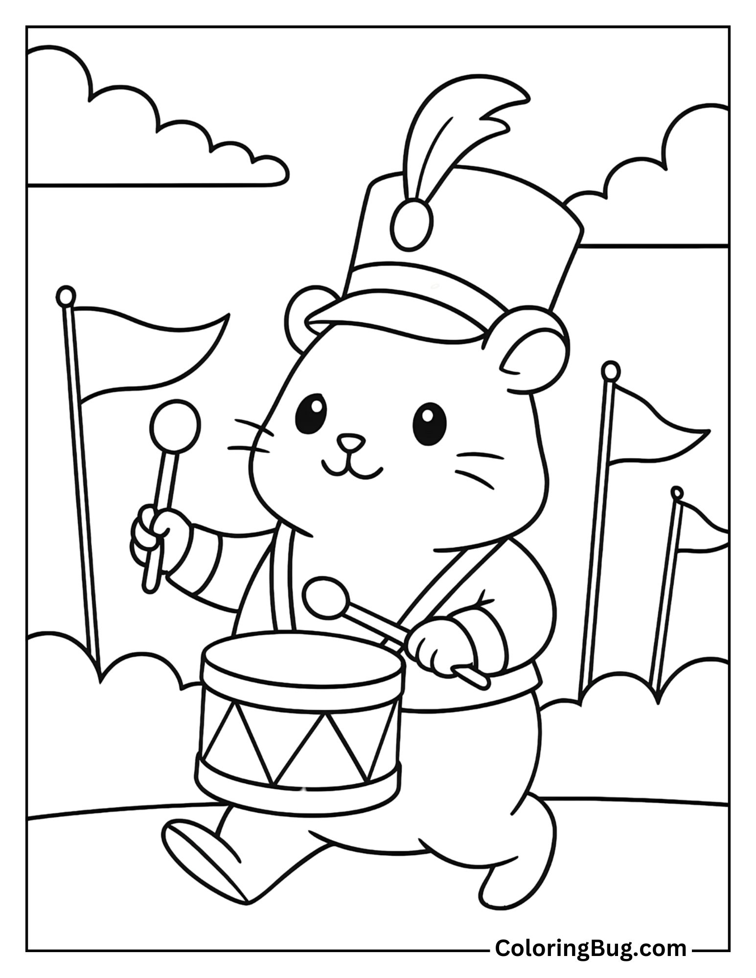 Hamster on Parade with Flags and Drum Coloring Sheet