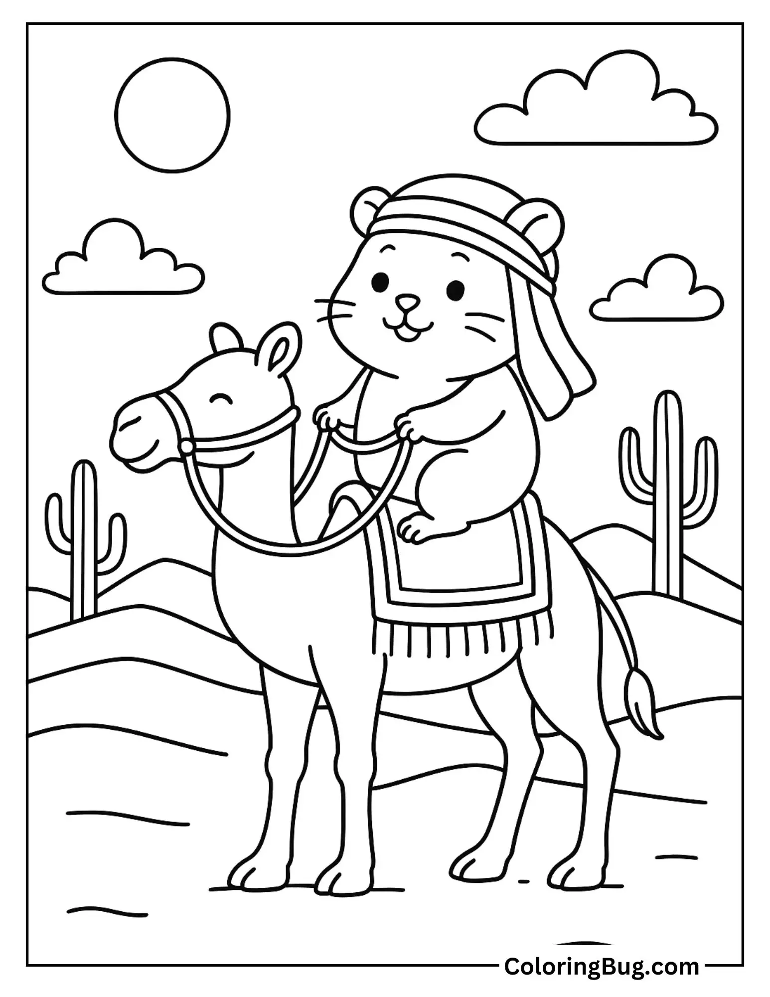 Hamster on a Desert Adventure with a Camel Coloring Sheet