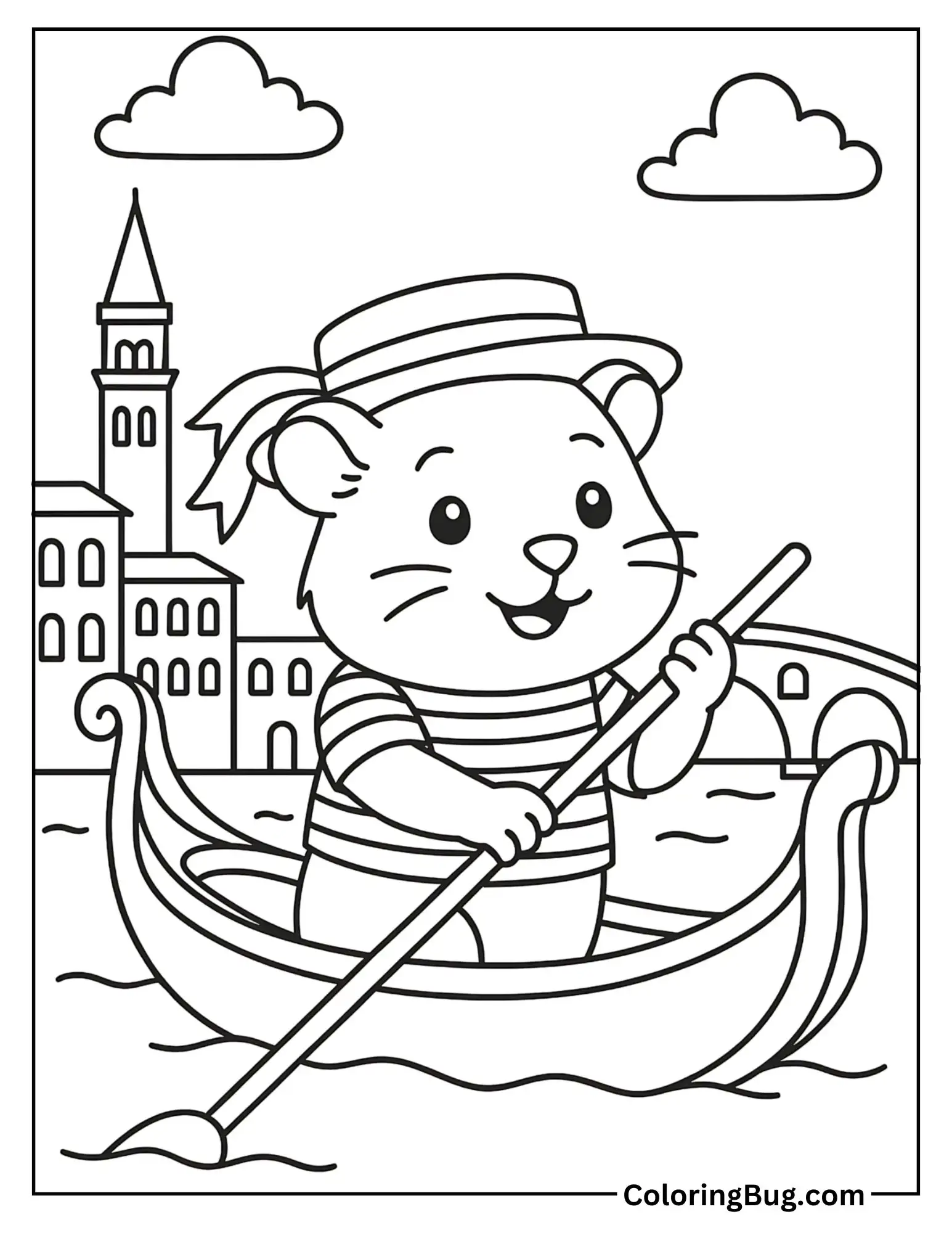 Hamster on a Gondola in Venice Coloring Sheet