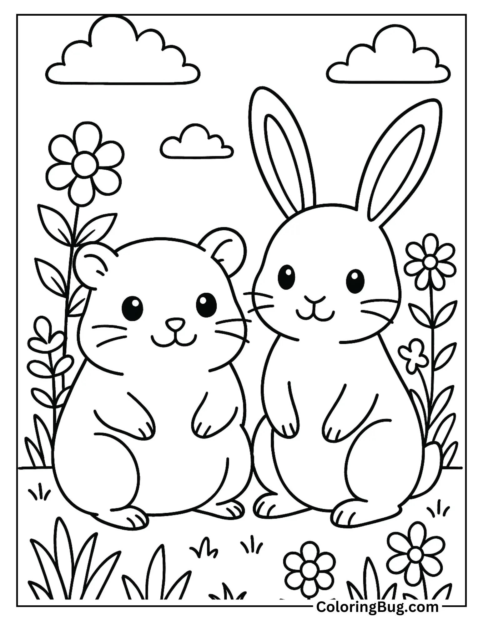 Hamster with a Bunny Friend in a Garden Coloring Sheet