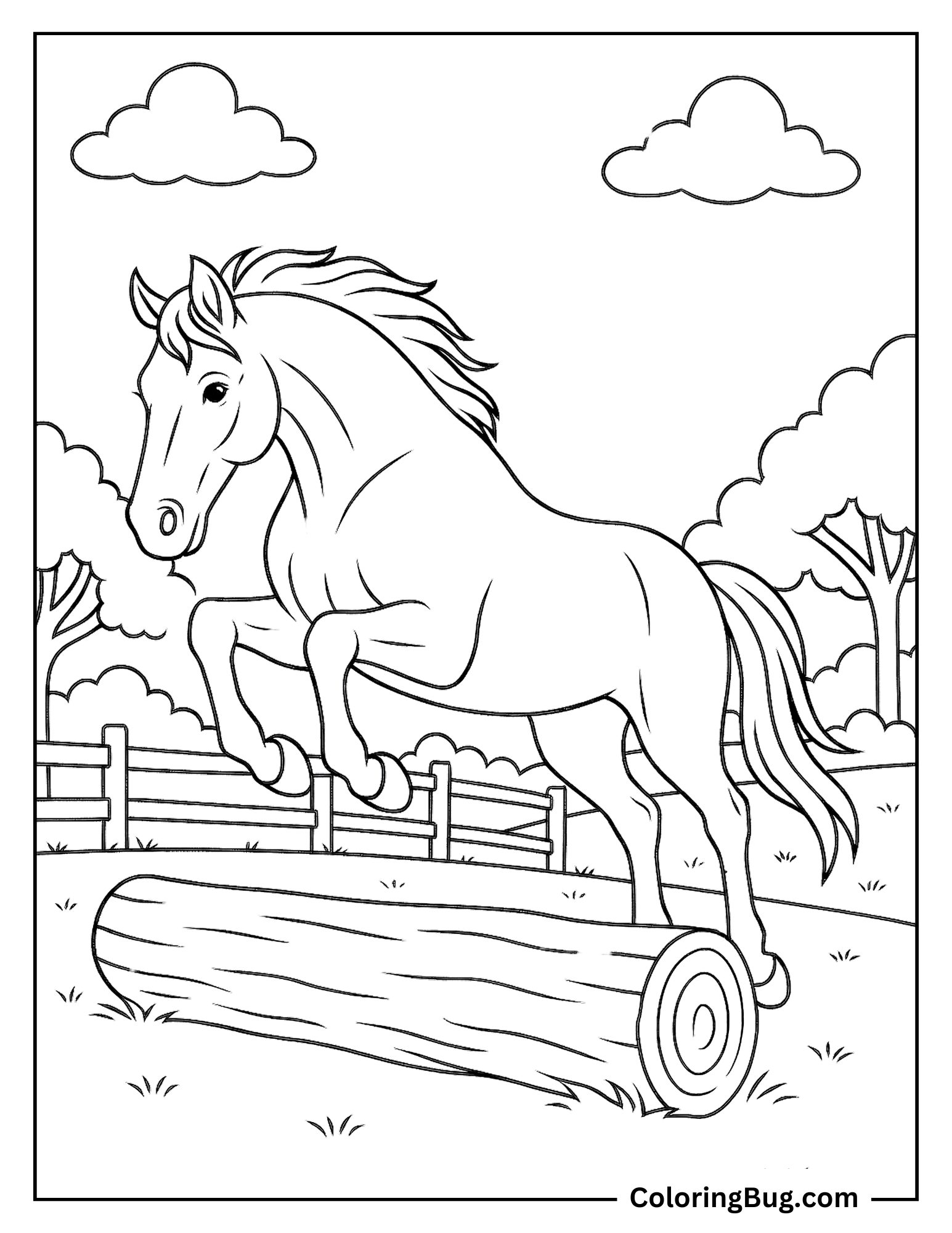 Hanoverian Jumping Over a Log In a Training Field Coloring Sheet
