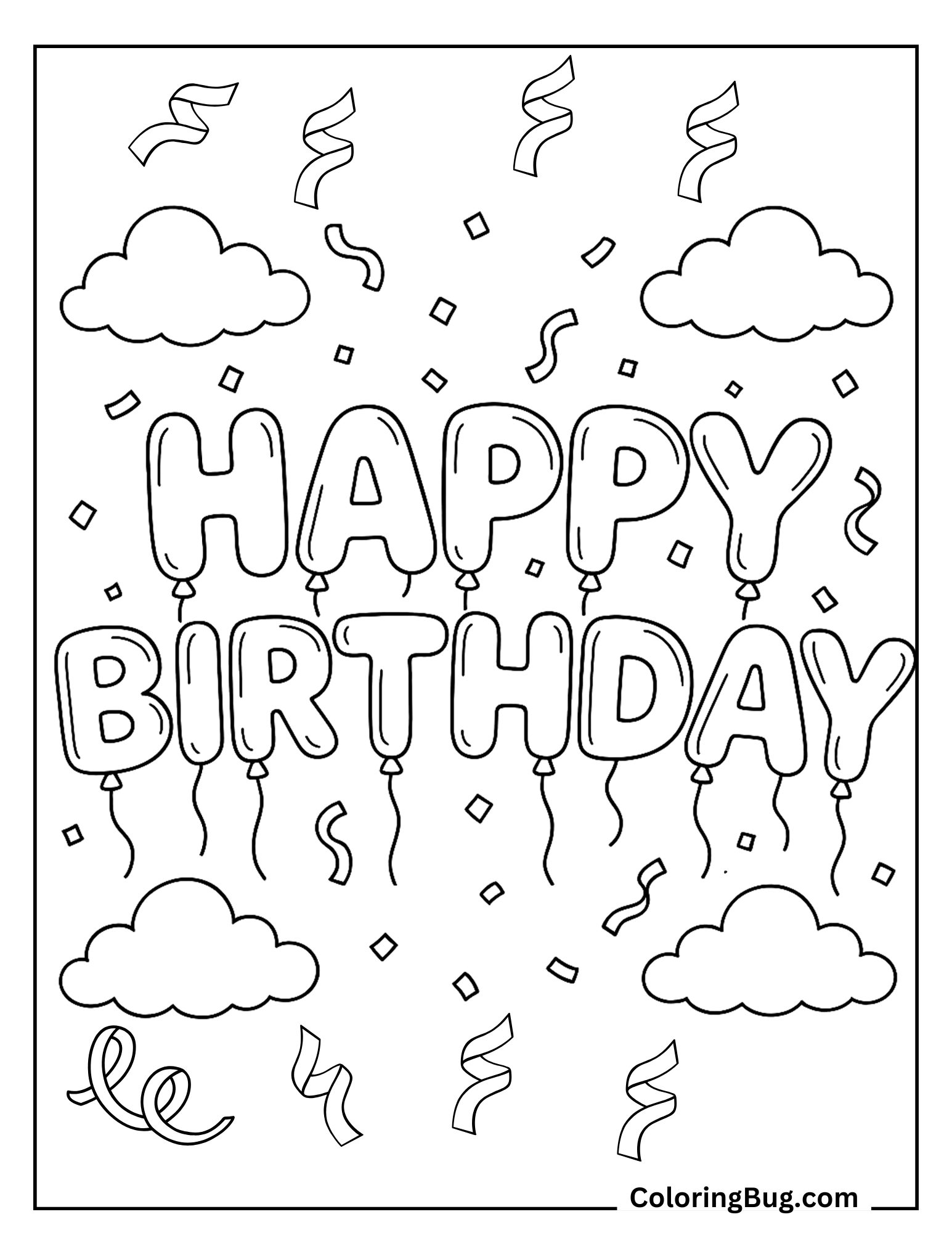 Happy Birthday Balloons Floating in Sky Coloring Sheet