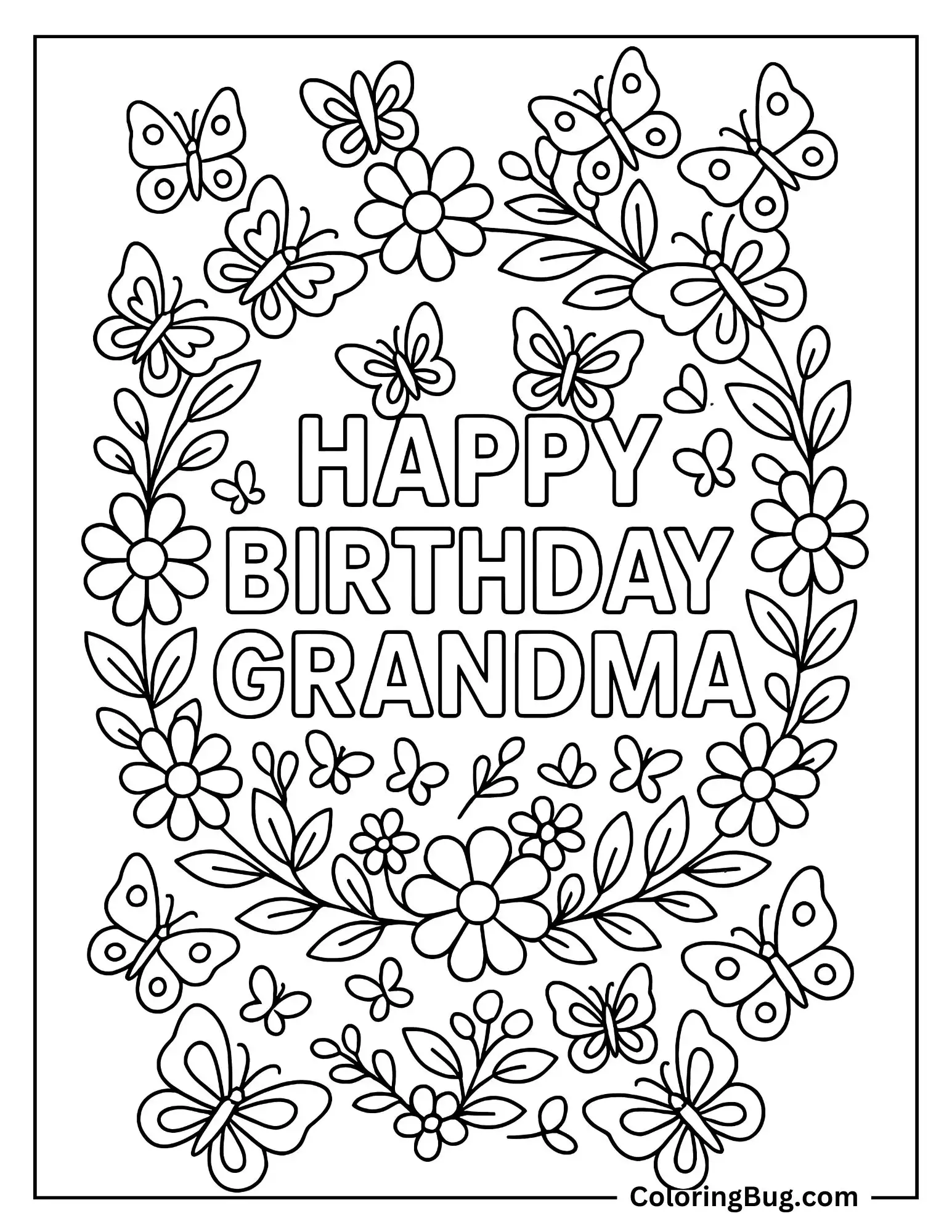 Happy Birthday Grandma Inside Flowers Wreath With Butterflies Coloring Sheet