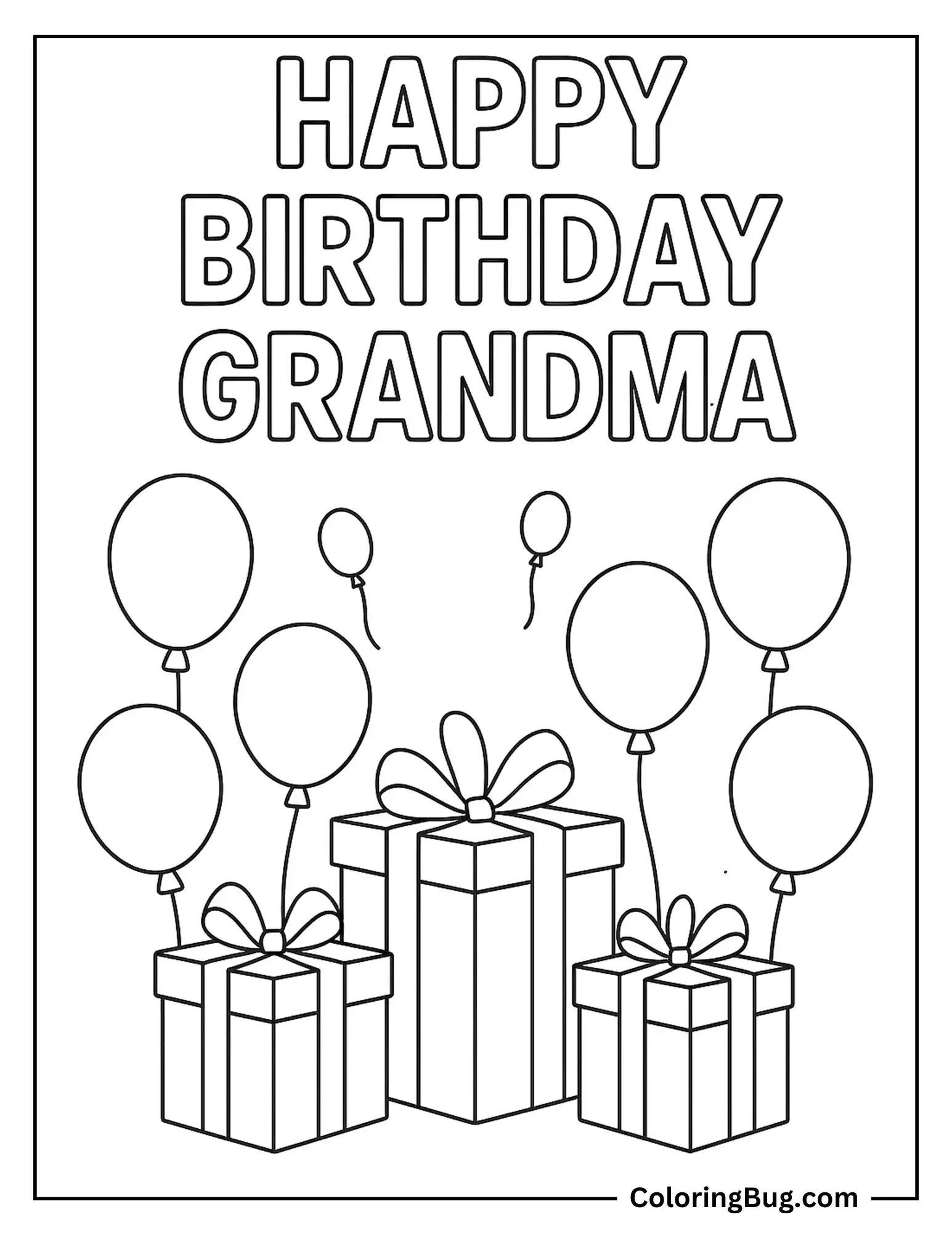 Happy Birthday Grandma With Balloons Floating Around a Birthday Present
