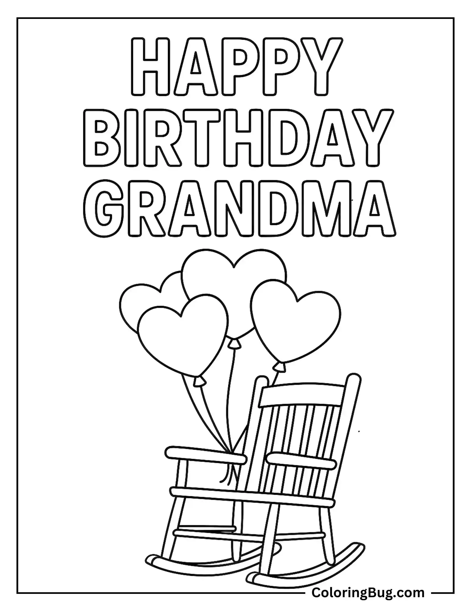 Happy Birthday Grandma With Balloons Tied With Grandma Chair Coloring Sheet