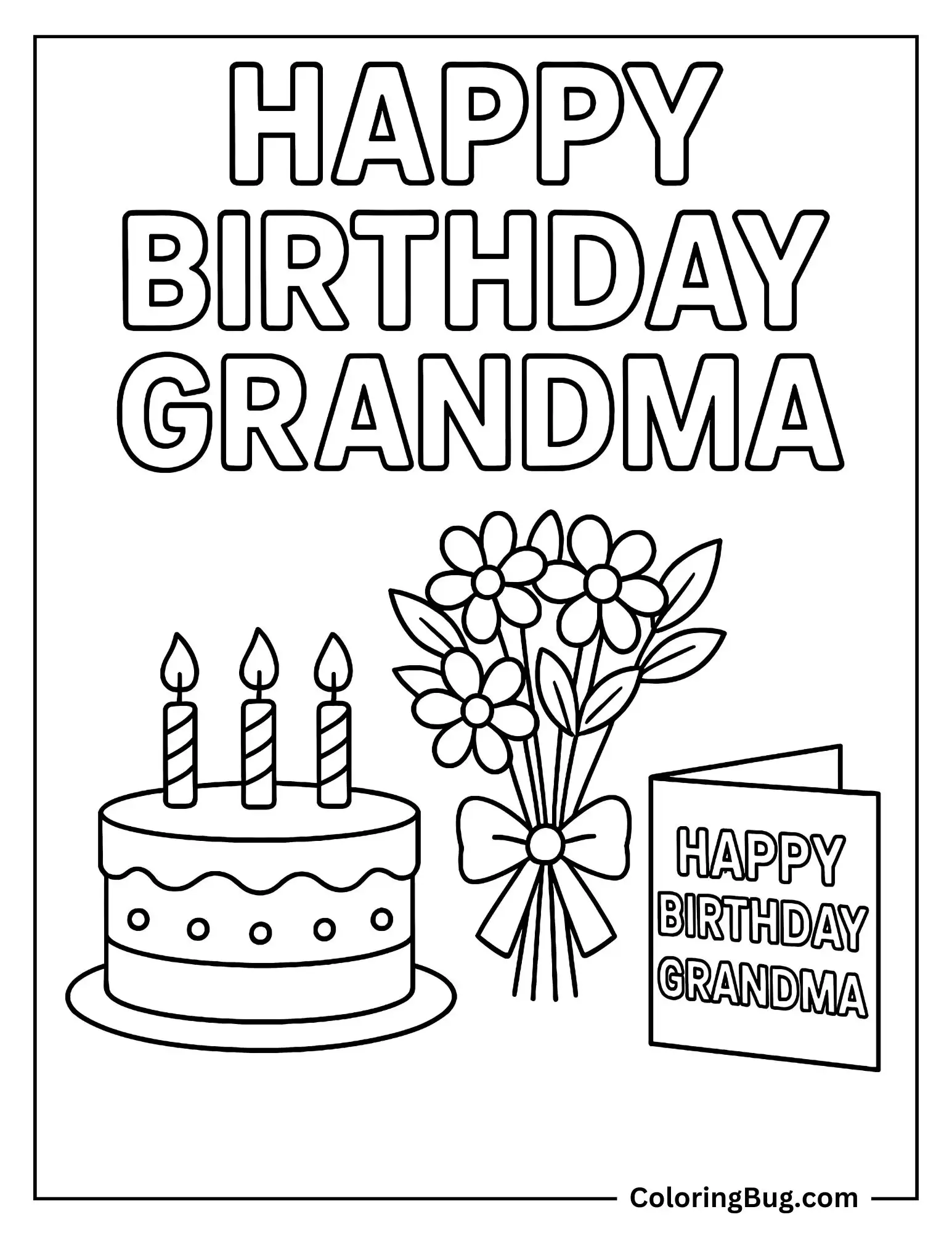 Happy Birthday Grandma With Cake , Bouquet And Card For Grandma  Coloring Sheet
