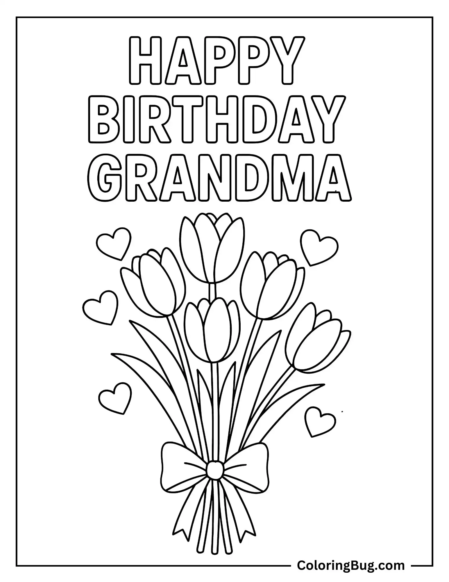 Happy Birthday Grandma With Tulips  Coloring Sheet