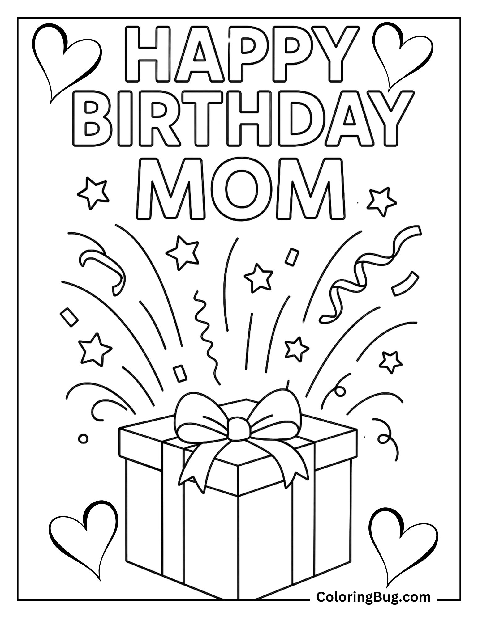 Happy Birthday Mom With Gift Box Coloring Sheet