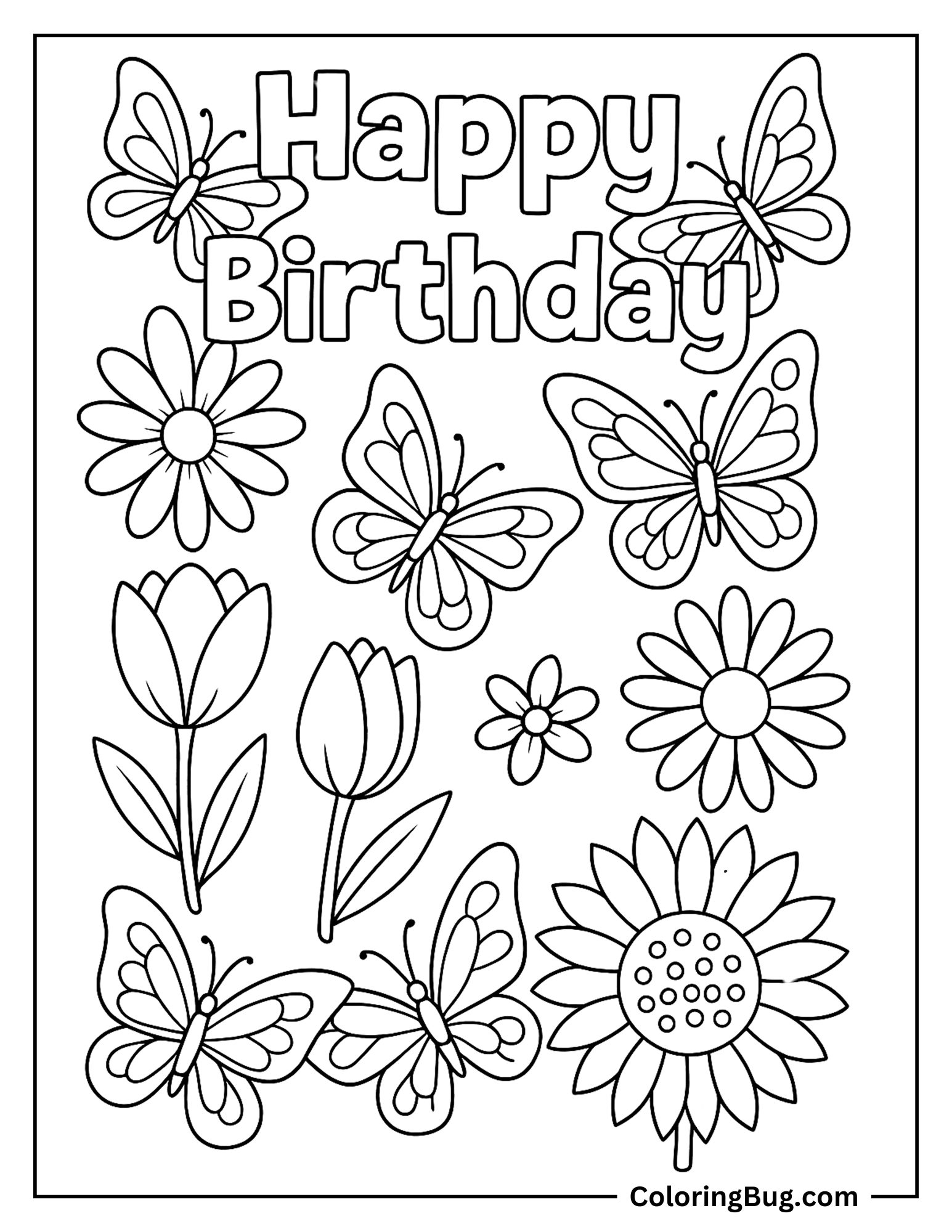 Happy Birthday Surrounded By Butterflies And Flowers Coloring Sheet