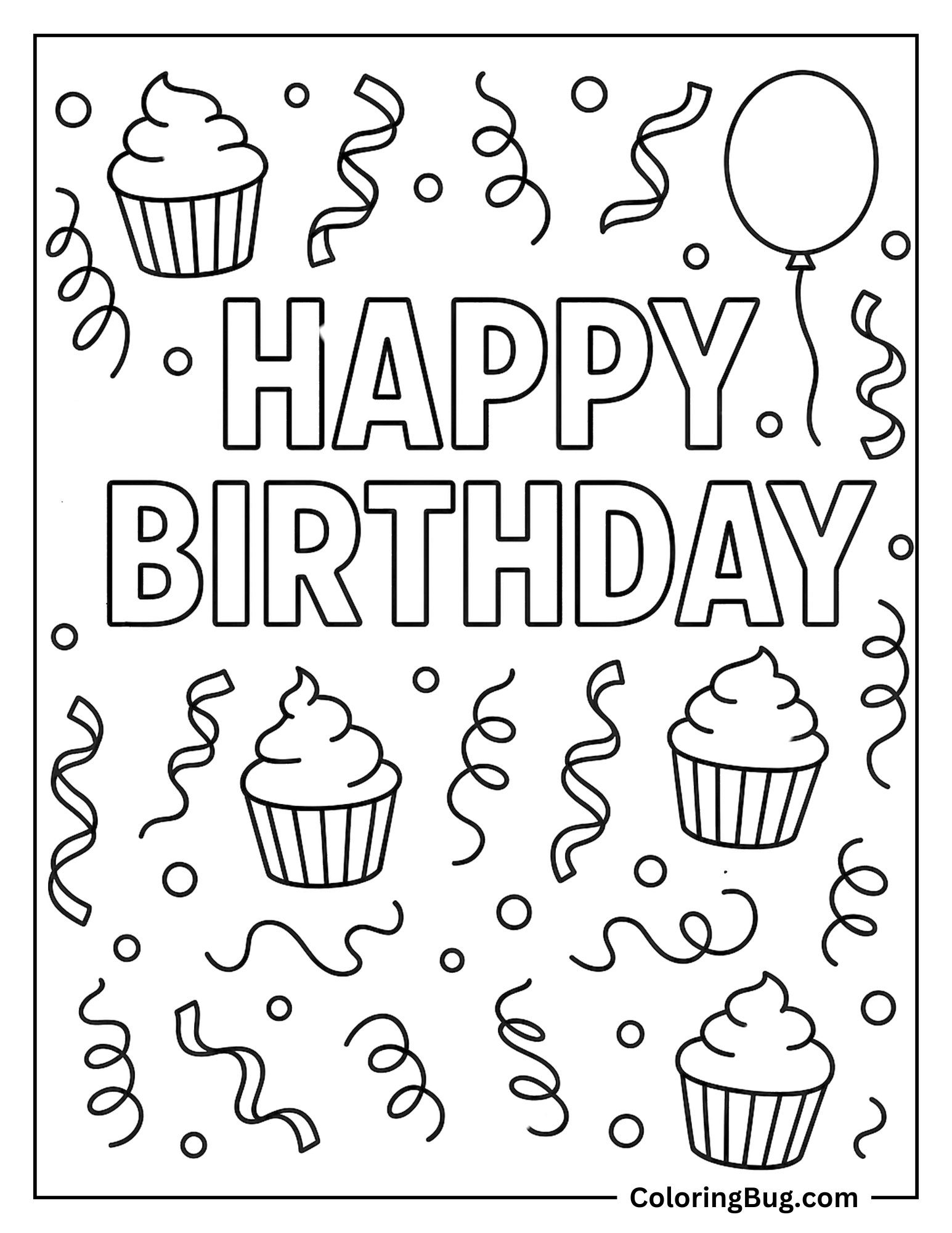 Happy Birthday Surrounded By Cup Cakes And Streamers Coloring Sheet