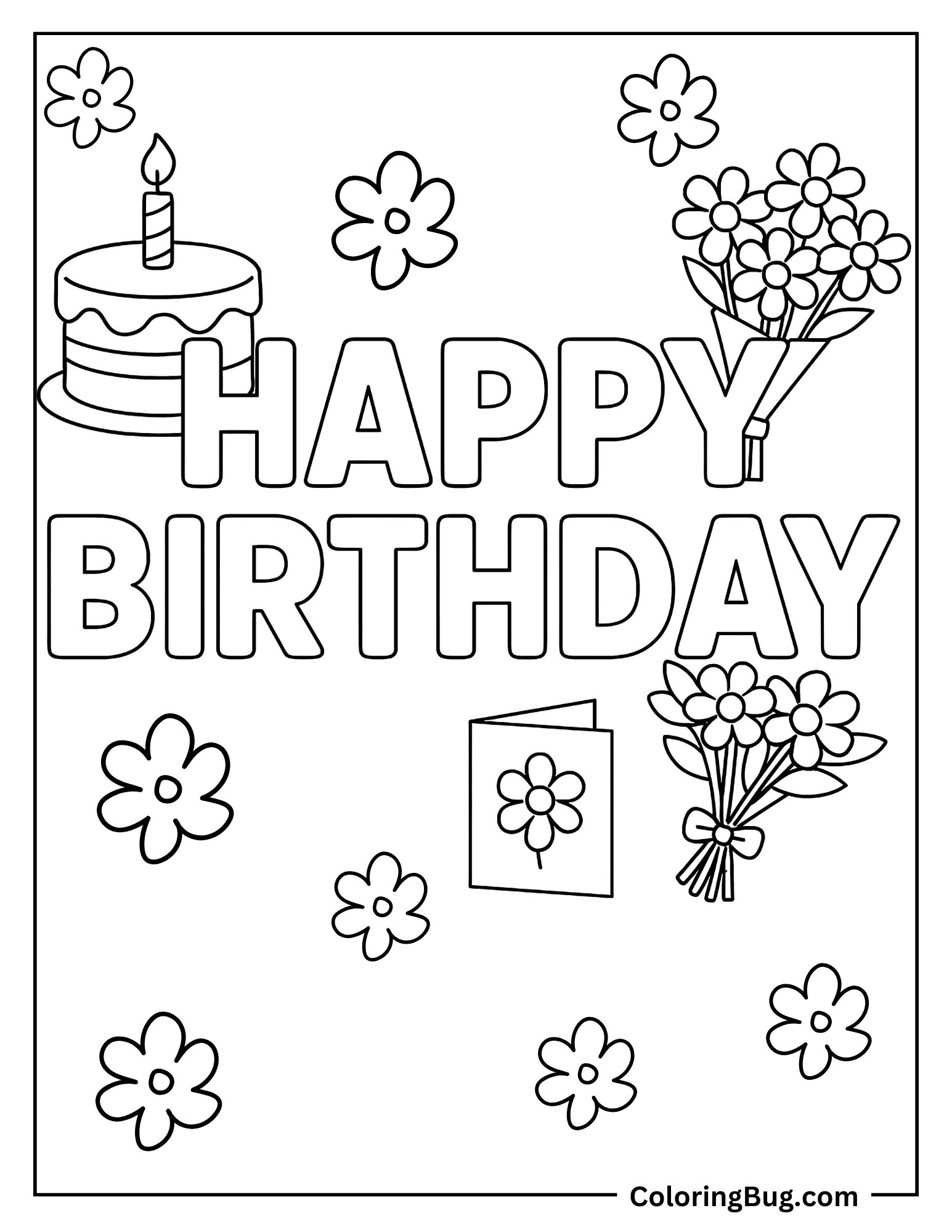 Happy Birthday With Cake And Flowers Coloring Sheet