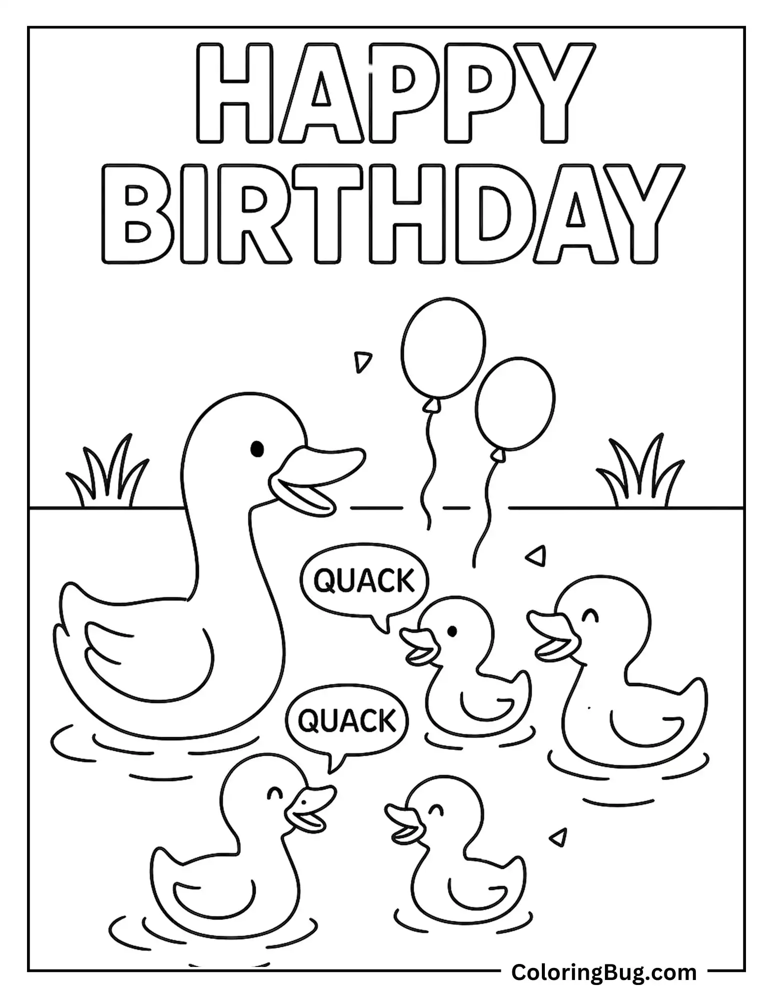 Happy Birthday With Ducklings Swimming in Pond Coloring Sheet