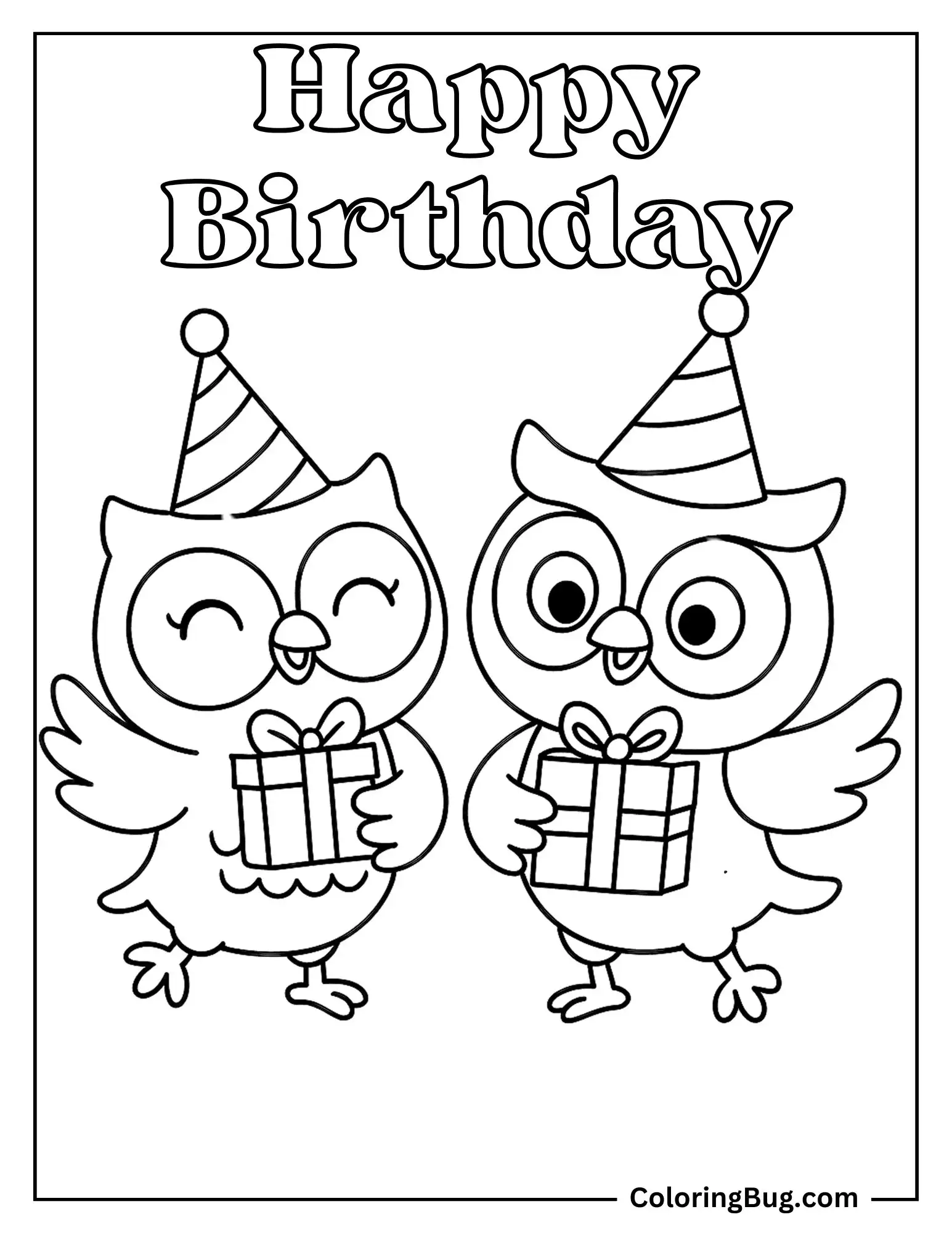 Happy Birthday With Owls Coloring Sheet