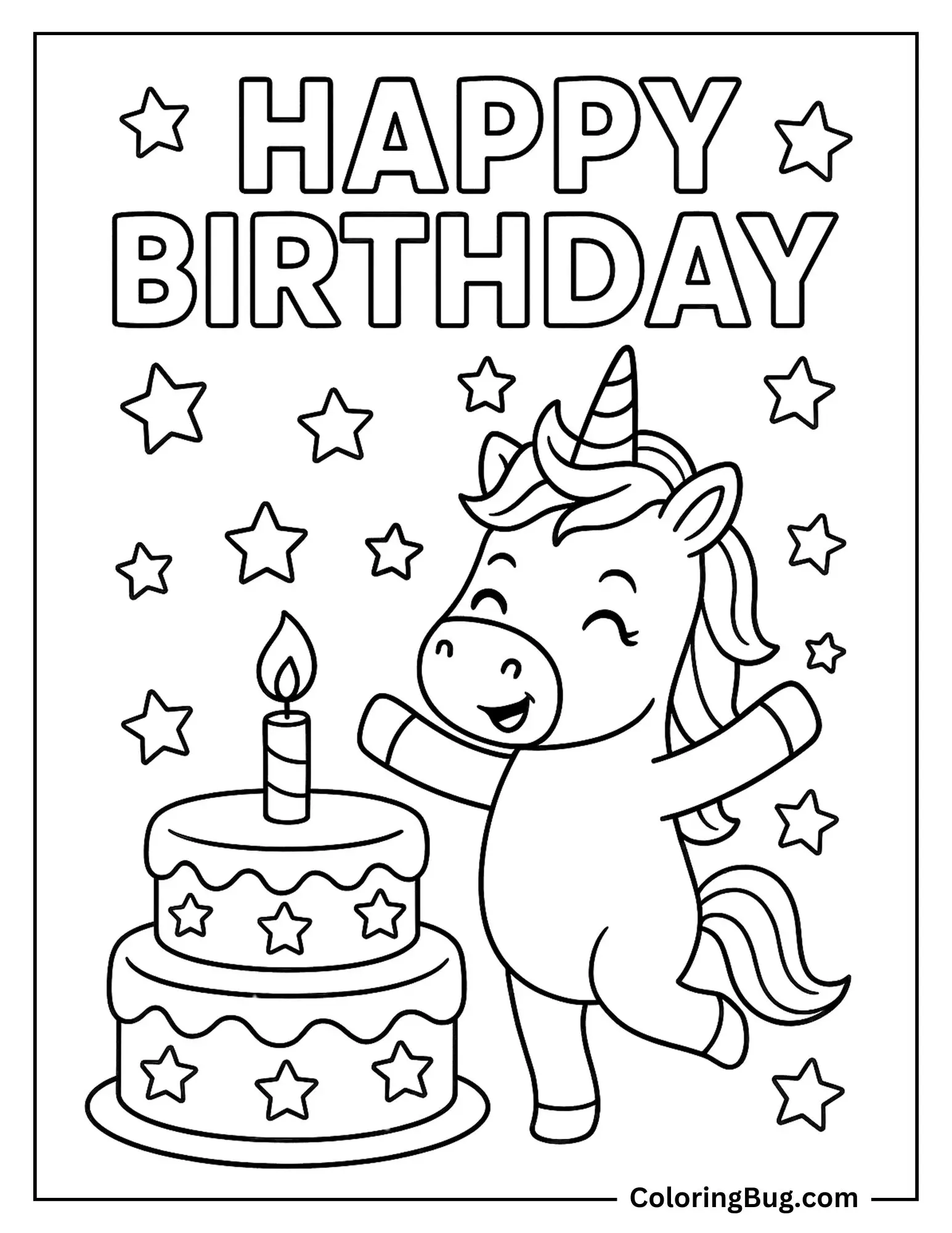 Happy Birthday With Unicorn Coloring Sheet