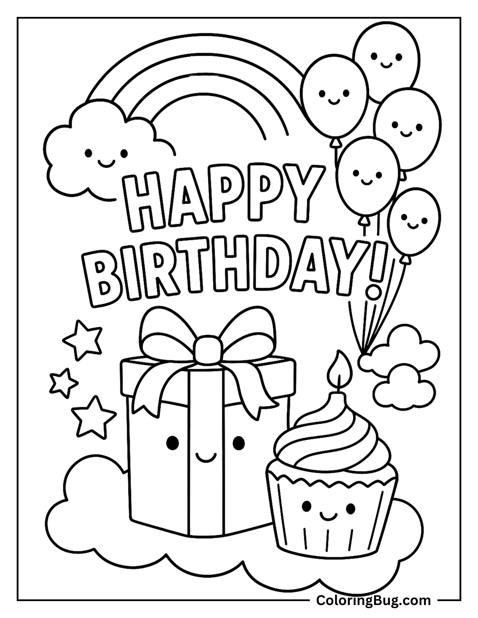 Happy Birthday With rainbow, Gift , Cupcake, And Balloons Coloring Sheet