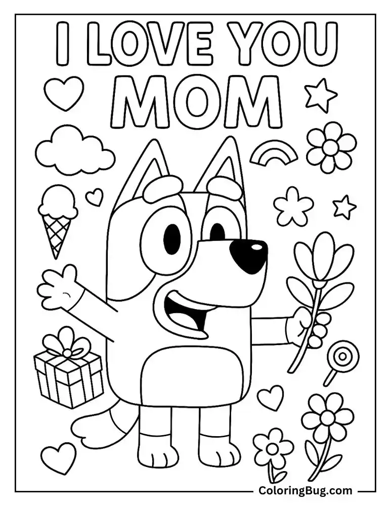 Happy Bluey I Love You Mom Coloring Page