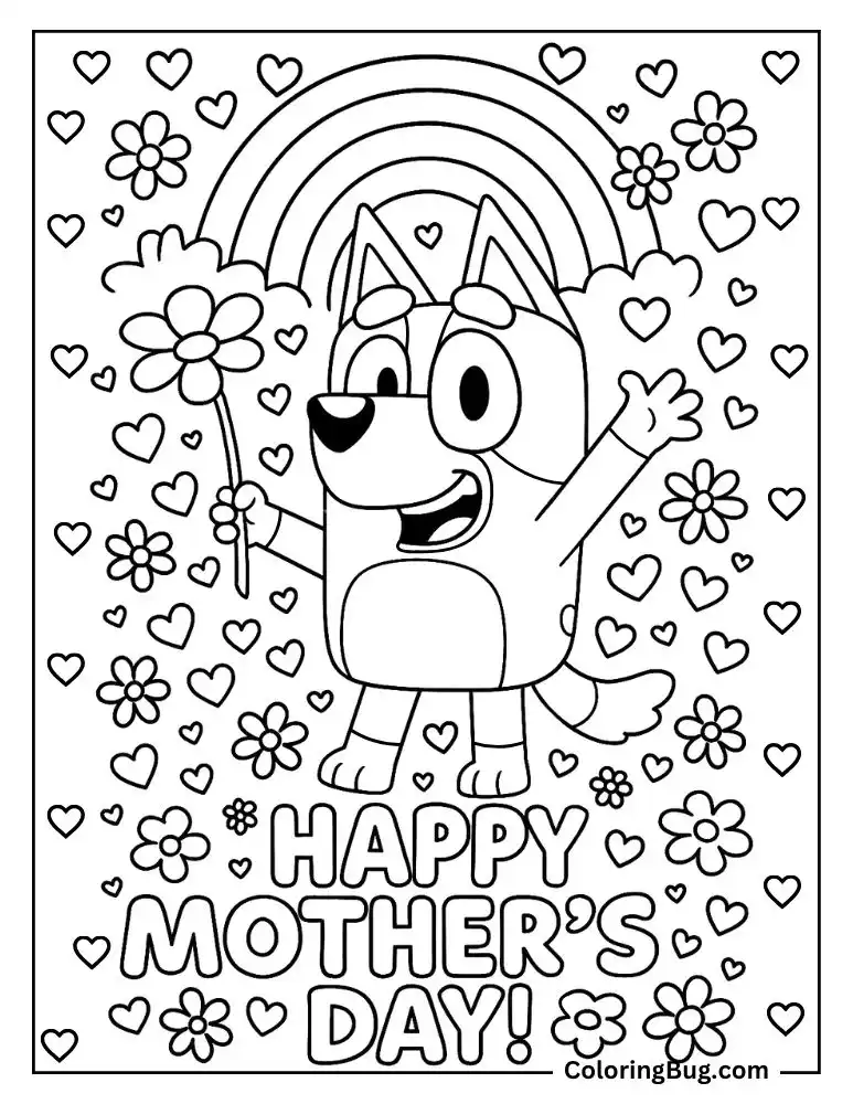 Happy Mother's Day With Love Hearts and Bluey Coloring Page