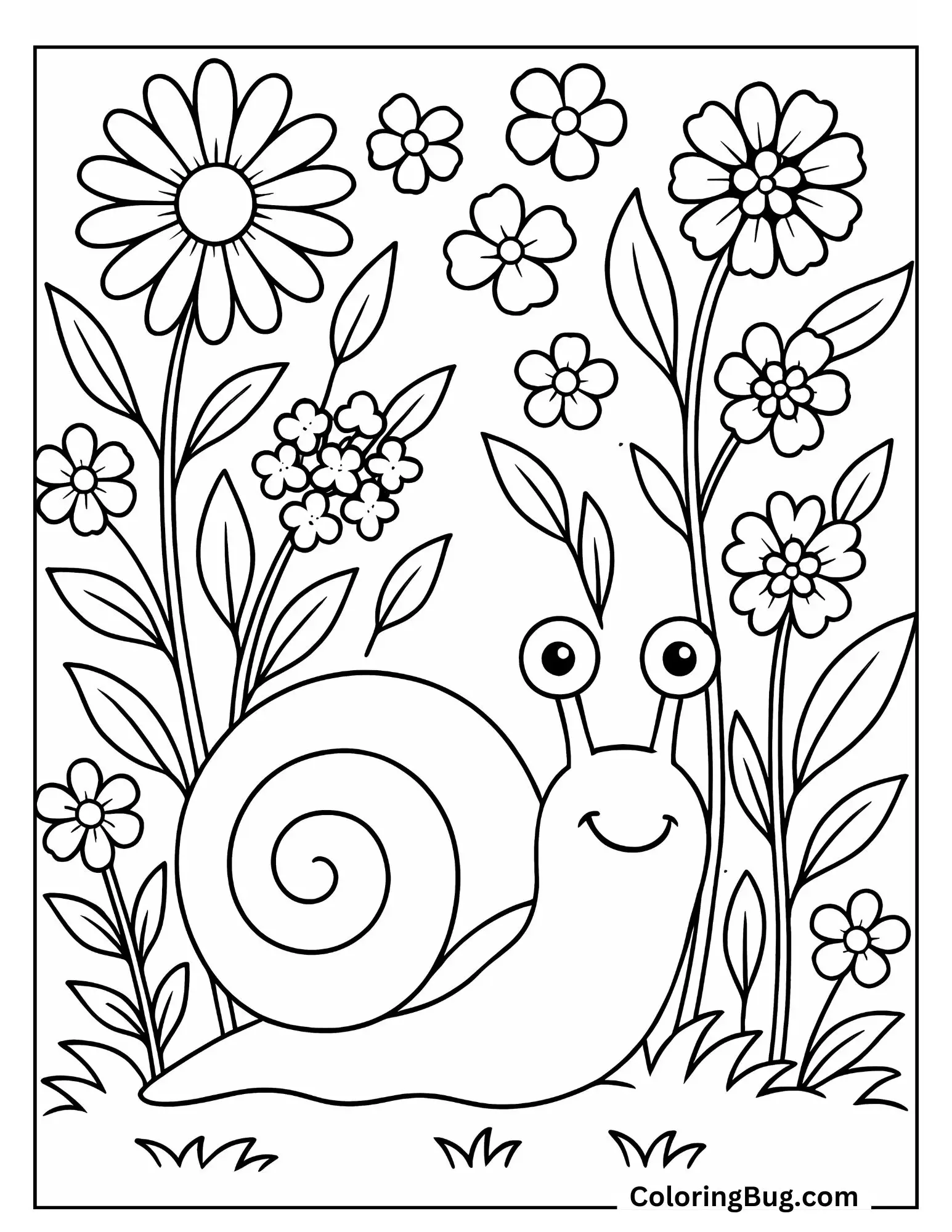 Happy Snail Crawling Through a June Flower Garden Coloring Sheet