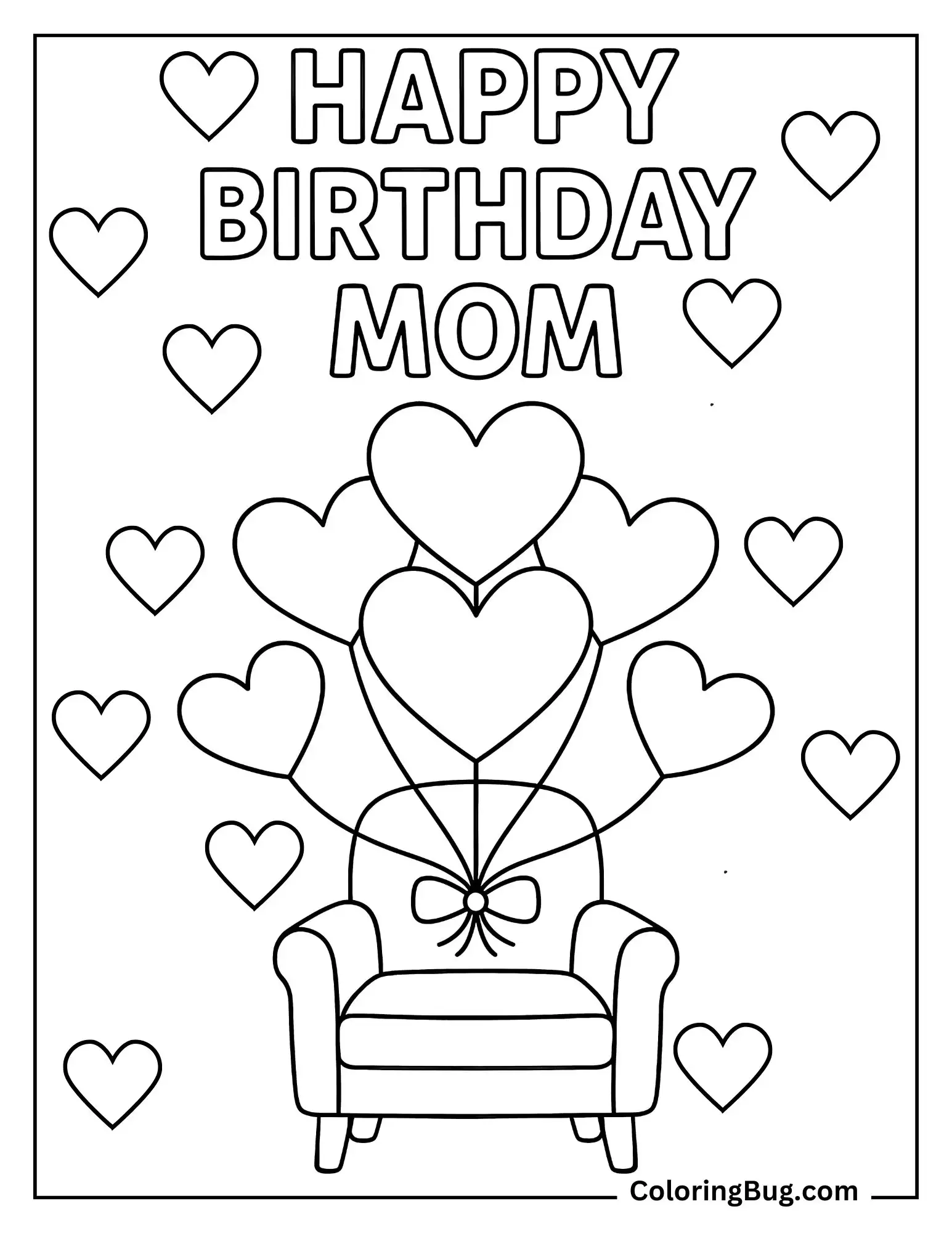 Heart Shaped Balloons Tied With Mom's Chair Coloring Sheet