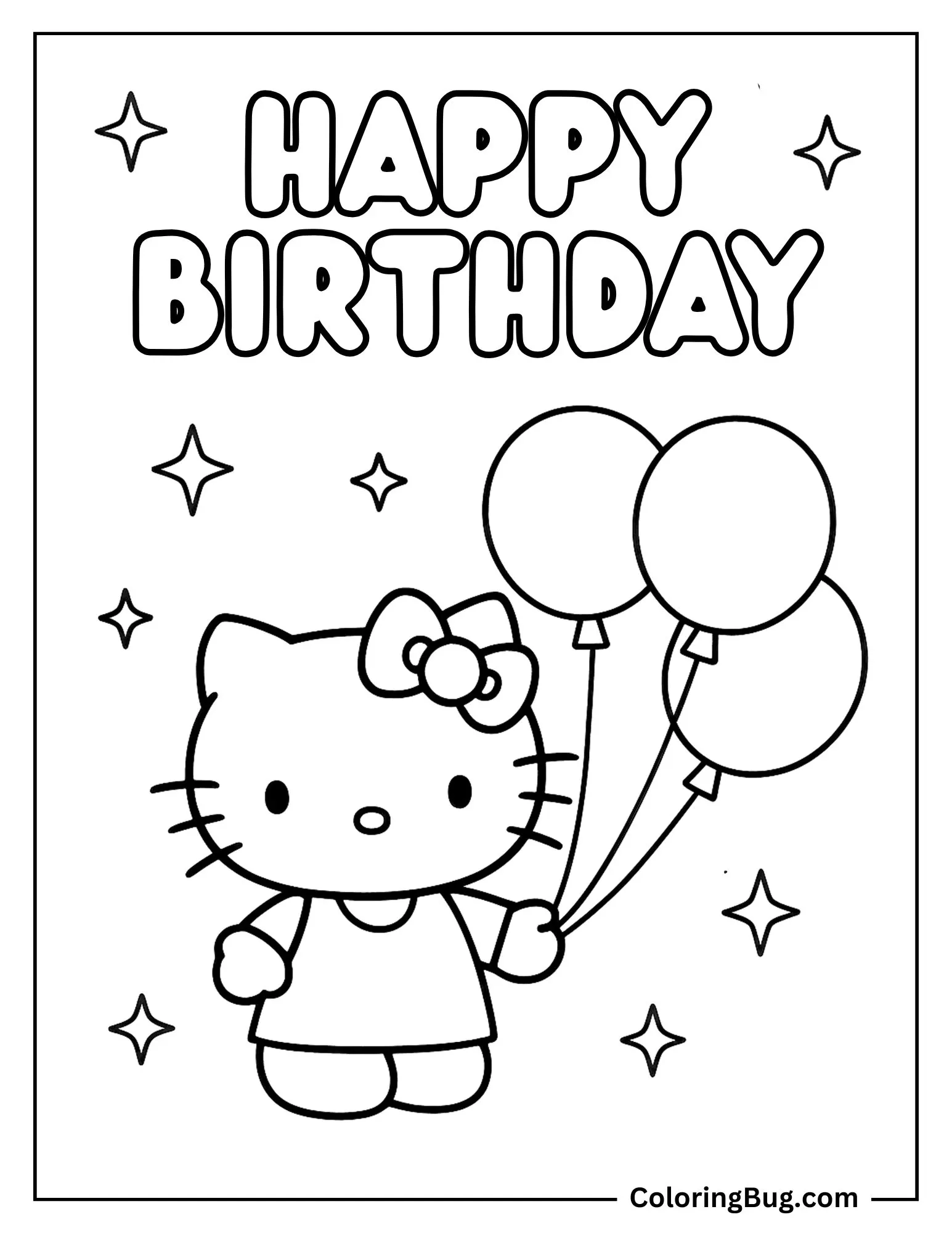 Hello Kitty Holding Birthday Balloons Coloring Sheet