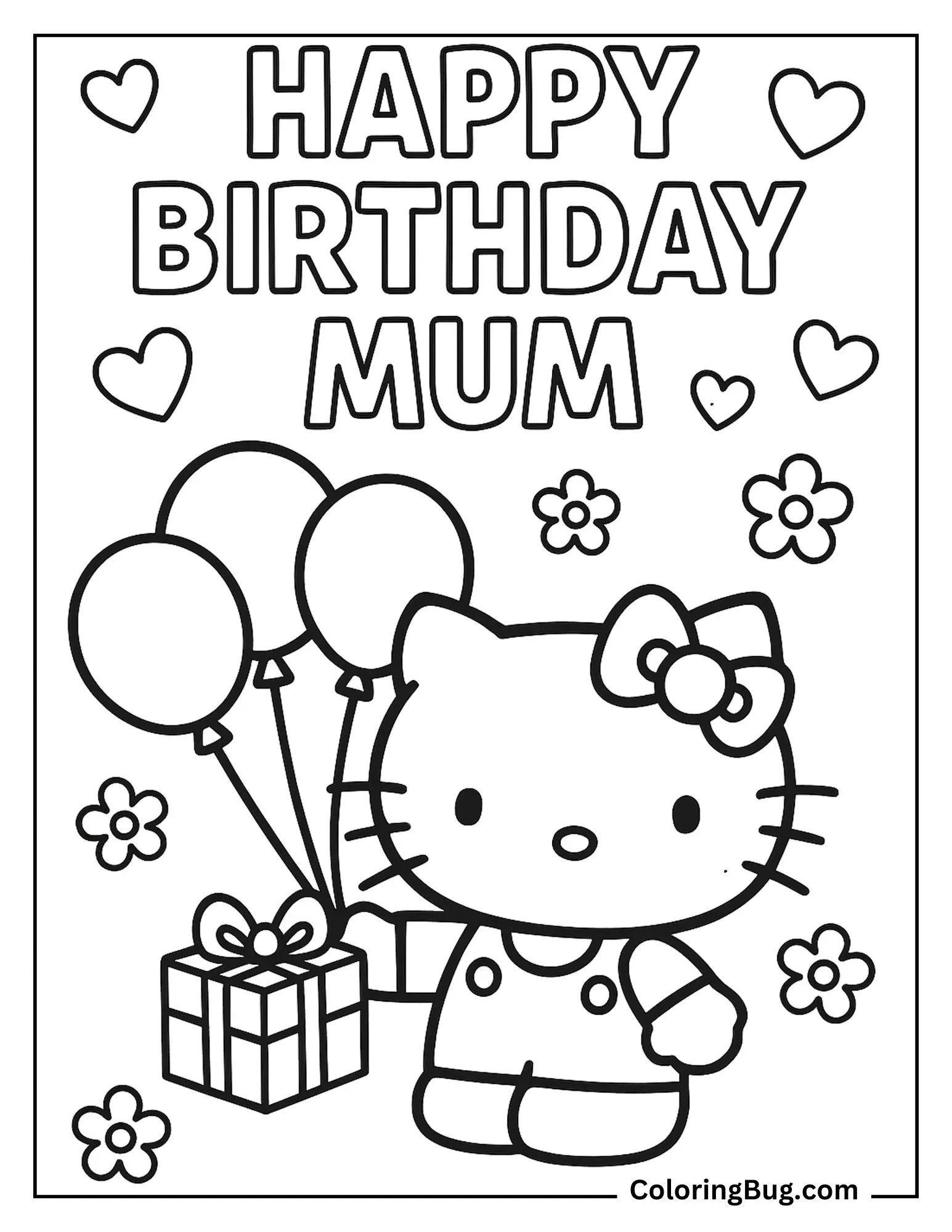 Hello Kitty Holding Gift And Balloons For Mum Coloring Sheet