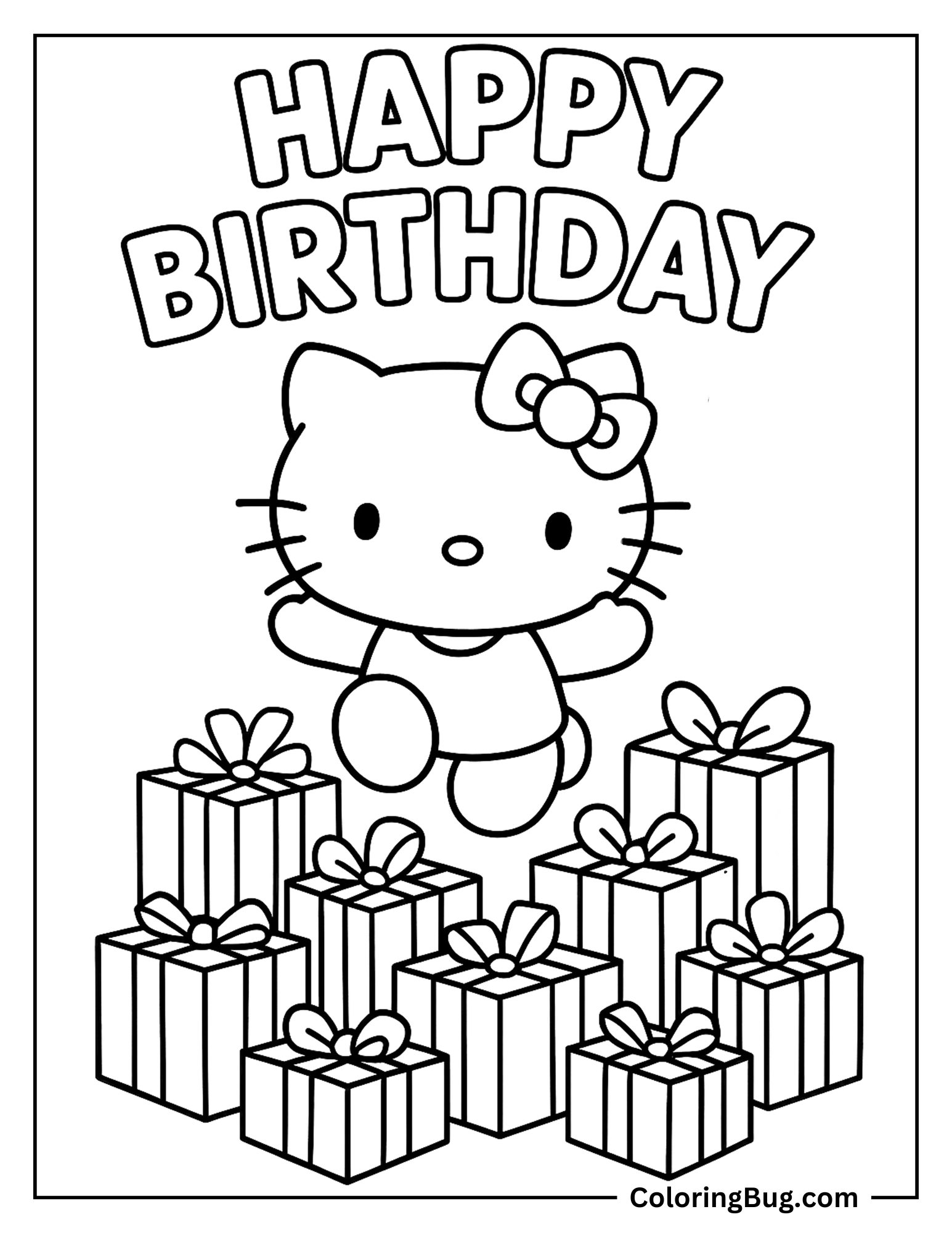 Hello Kitty Jumping in To The Pile of Birthday Presents Coloring Sheet