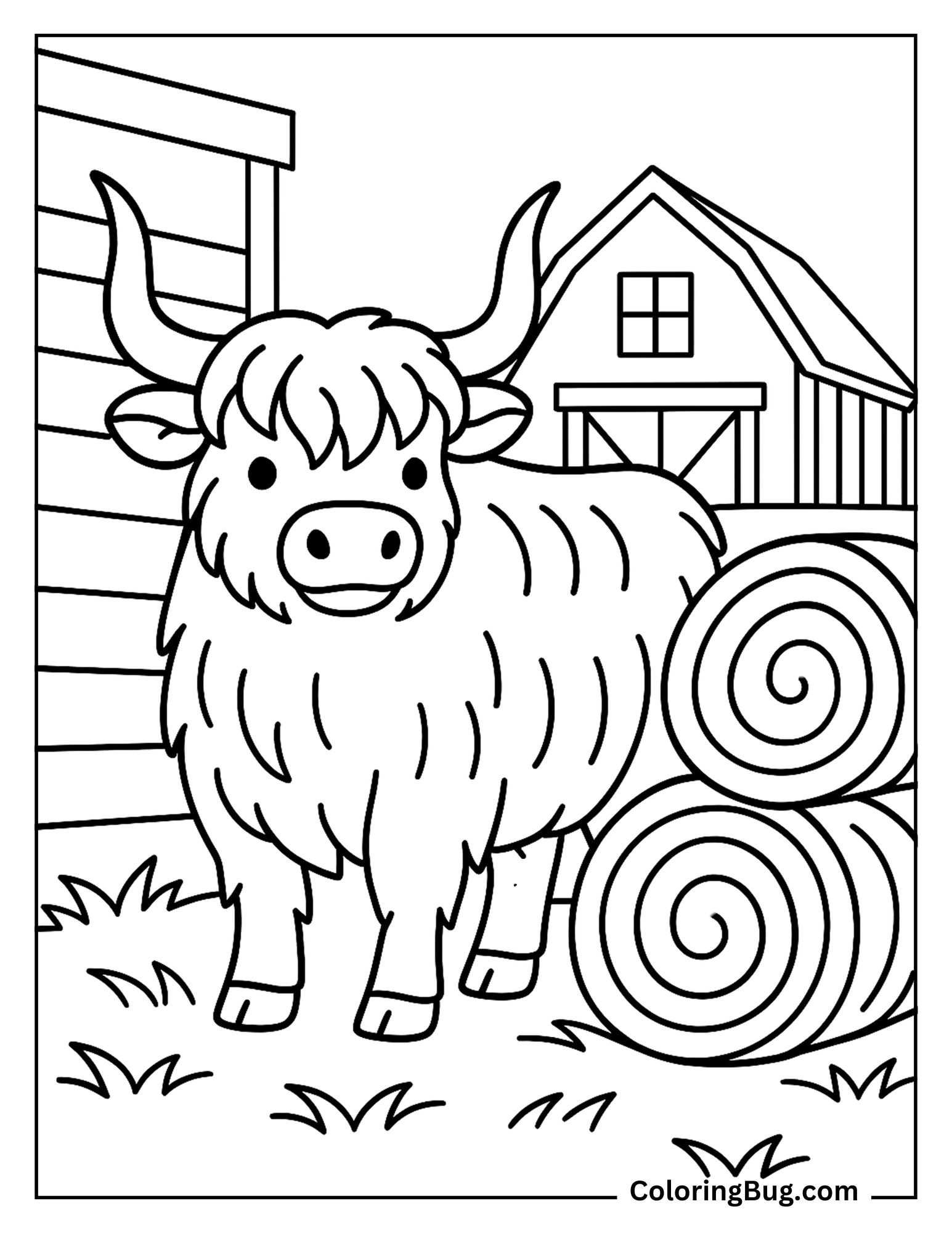 Highland Cow Beside Hay Bales Coloring Sheet