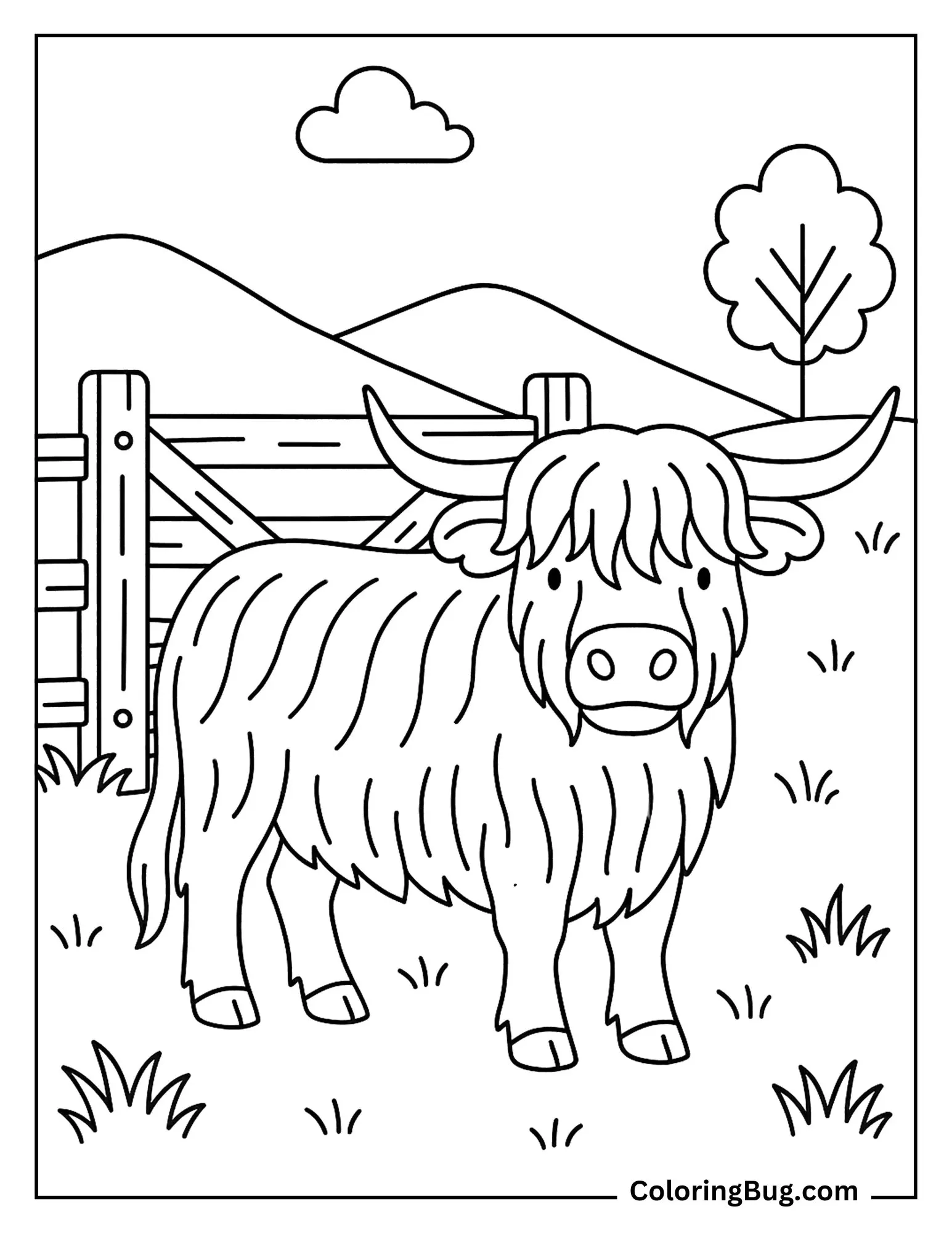 Highland Cow Beside a Rustic Wooden Gate Coloring Sheet