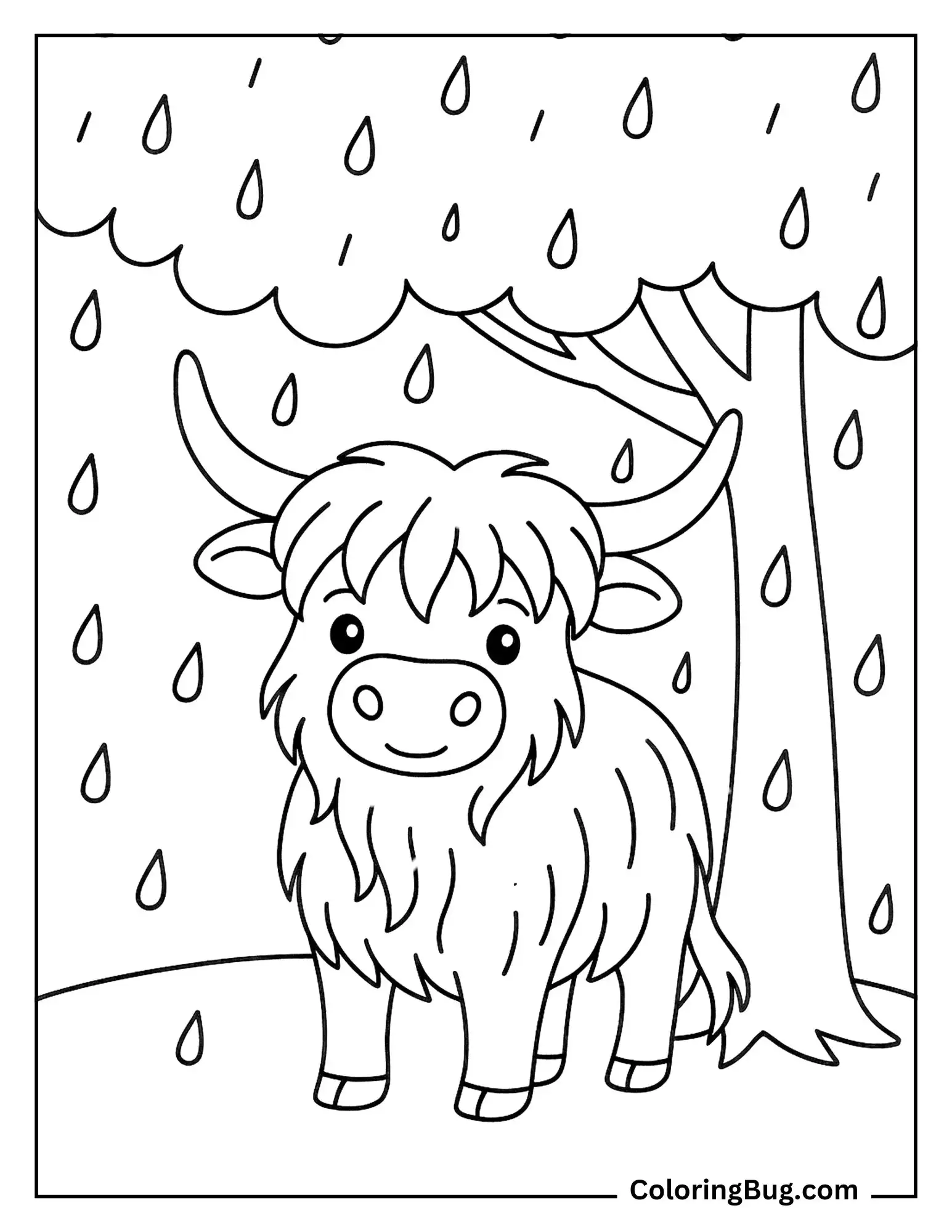 Highland Cow Hiding From Rain Under a Tree Coloring Sheet