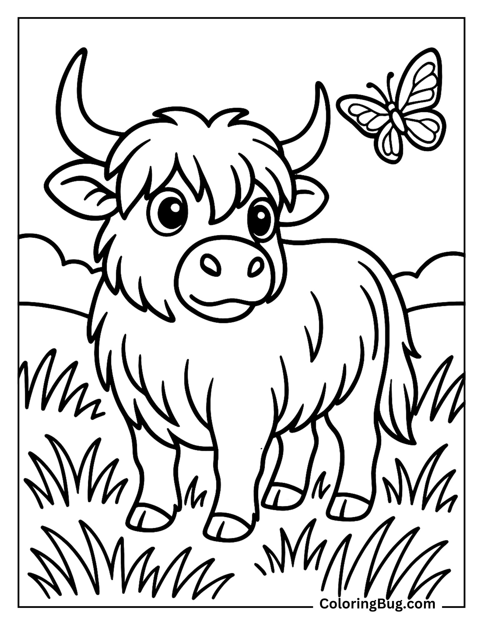 Highland Cow Looking Curiously at a Butterfly Coloring Sheet